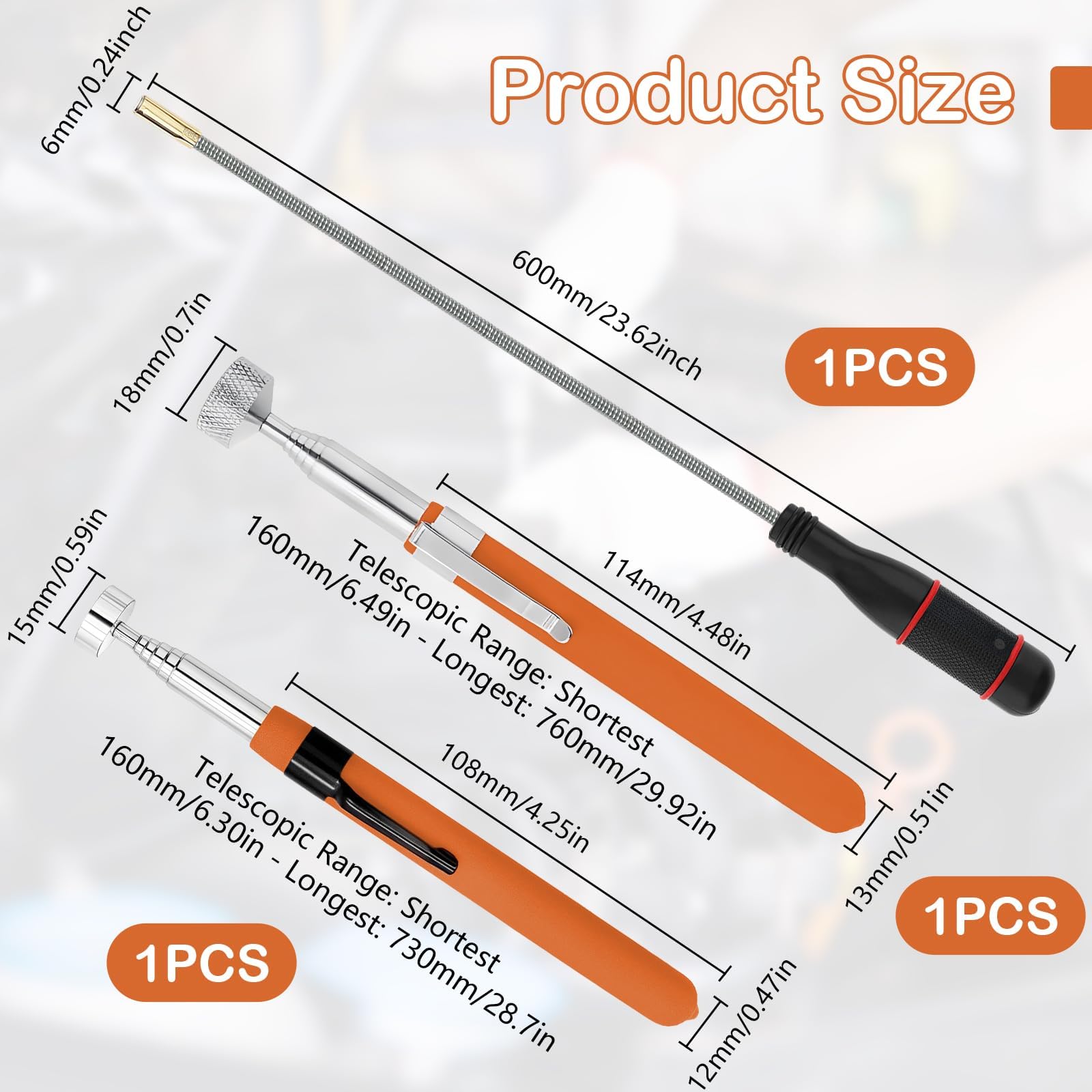 3Pcs Magnetic Pickup Kit, 8LB/10LB Portable Magnet Handheld Tool, 60CM Flexible Magnetic Rod - Image 2