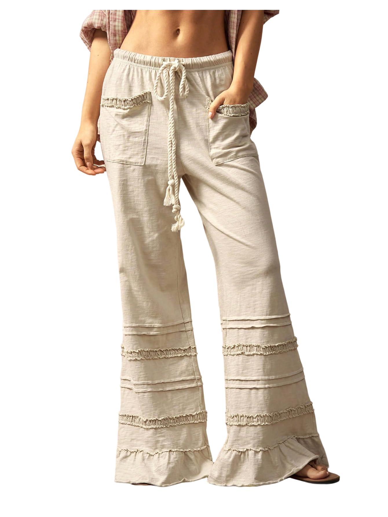 WDIRARA Womens Plus Size Ruffle Flare Pants Drawstring Waist Bell Bottom Trousers