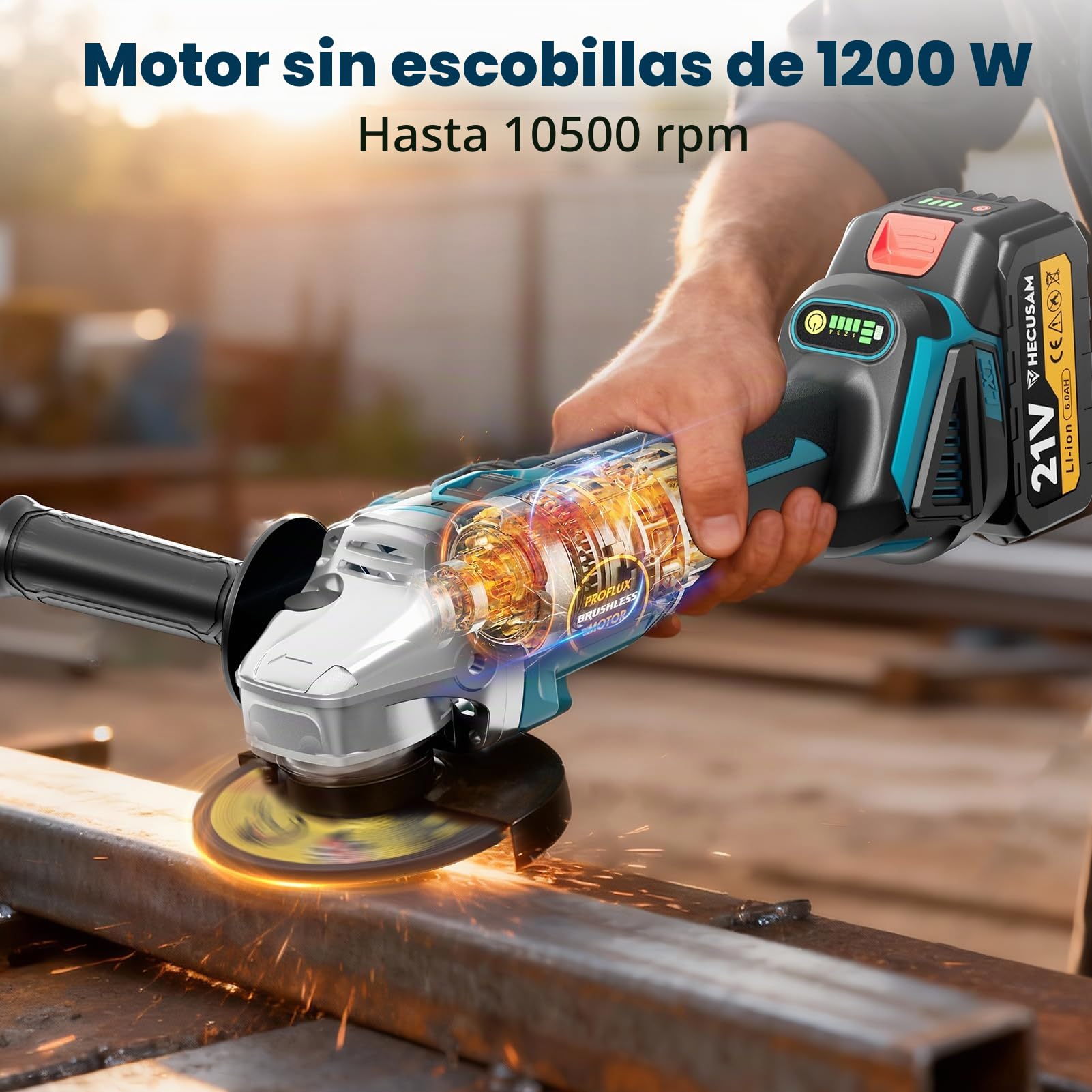 Amoladora angular con batería de 125 mm, juego de amoladora angular Flex con 2 baterías de 4.0 Ah, motor sin escobillas de 1200 W de 4 etapas de regulación 10.500 RPM, 10 piezas de discos de corte