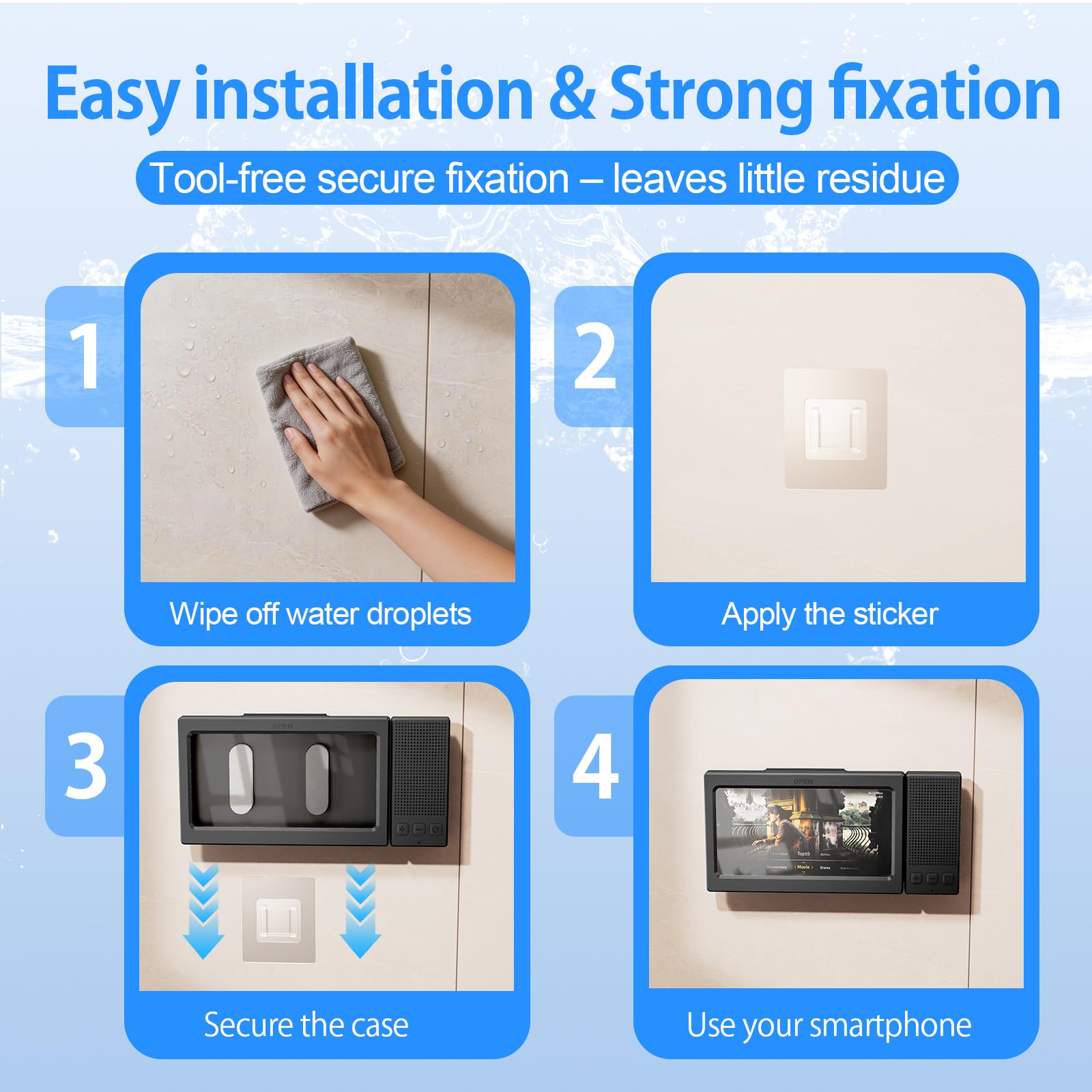 Soporte para teléfono de ducha impermeable con altavoz Bluetooth dual, funda giratoria de 360°, soporte de pared antivaho para espejo de baño, bañera y cocina, se adapta a iPhone 17, 16, S26U de 4 a 7