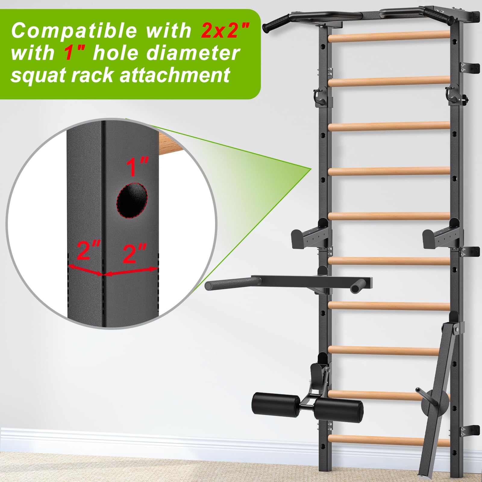 Kipika Turnreck – 5,1 x 5,1 cm schwedische Leiter mit 2,5 cm Loch, wandmontierter Klimmzugstangen-Leiter-Schlingentrainer, Gymnastik-Trainingsreck mit Massivholzgriffen für Zuhause, Wandturnhalle