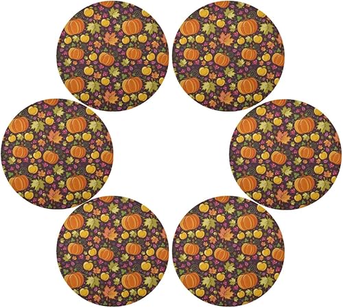 Miniatura 3 de Qilmy Juego de 4 manteles individuales redondos de poliéster antideslizantes y lavables de cosecha de otoño, para decoración de mesa de cocina,
