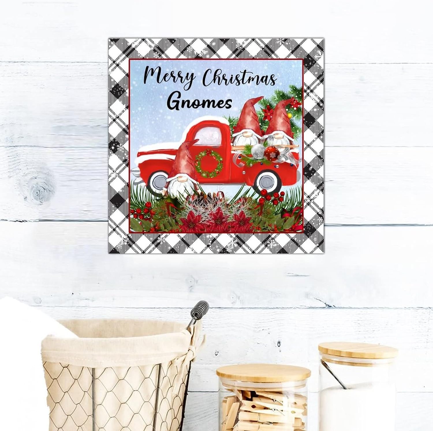 Merry Christmas Gnomes Wood Sign Vintage Christmas Tree Red Truck Wood Plank Hanging Sign Merry And Bright Wall Art Hanging Farmhouse Decoration Plaque For Home Family Living Room Bedroom 16x16in