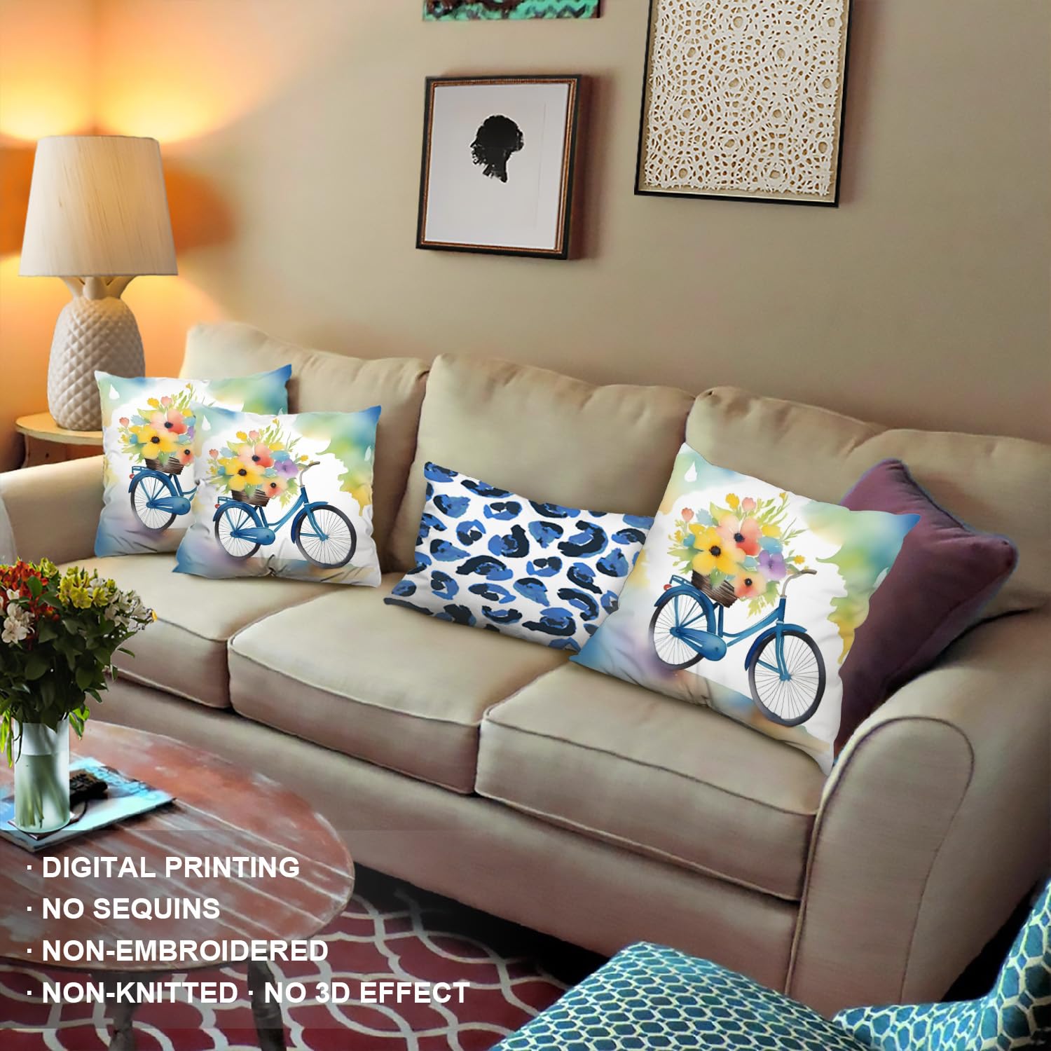 Beach Bicycle Pillow Covers Set Of 2 - Vintage Coastal Decor 18x18