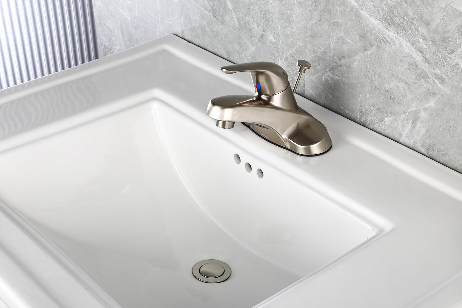 Brushed Nickel Bathroom Faucet 3 Hole Installation,Single Handle Bathroom Sink Faucet with Plastic Drain Assembly and Water Supply Lines,F-3503-BN