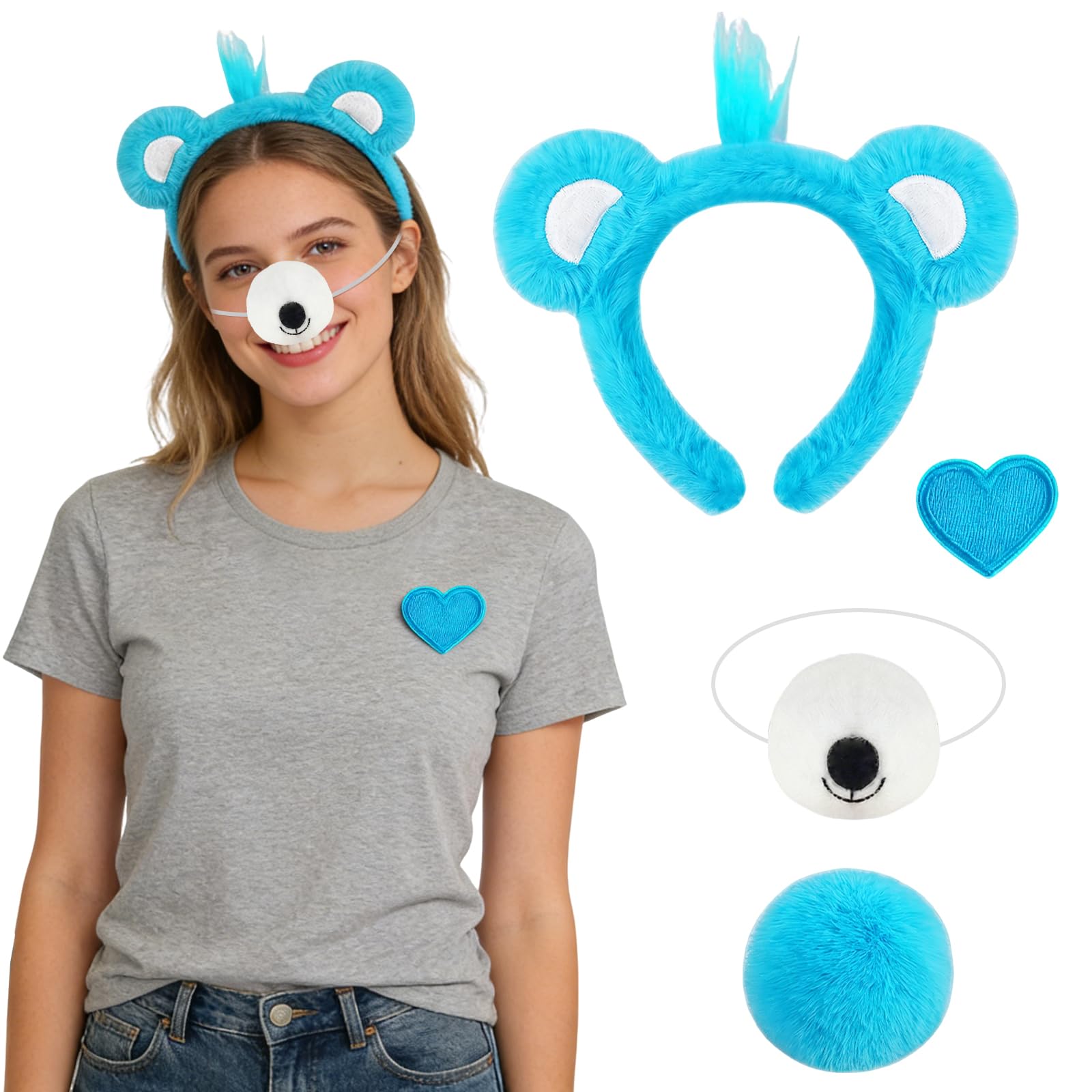 YAEGIMHT 5PCS Bear Costume Accessories Set, Bear Headband, Bear Nose, Fluffy Tail & 2 Heart Brooches