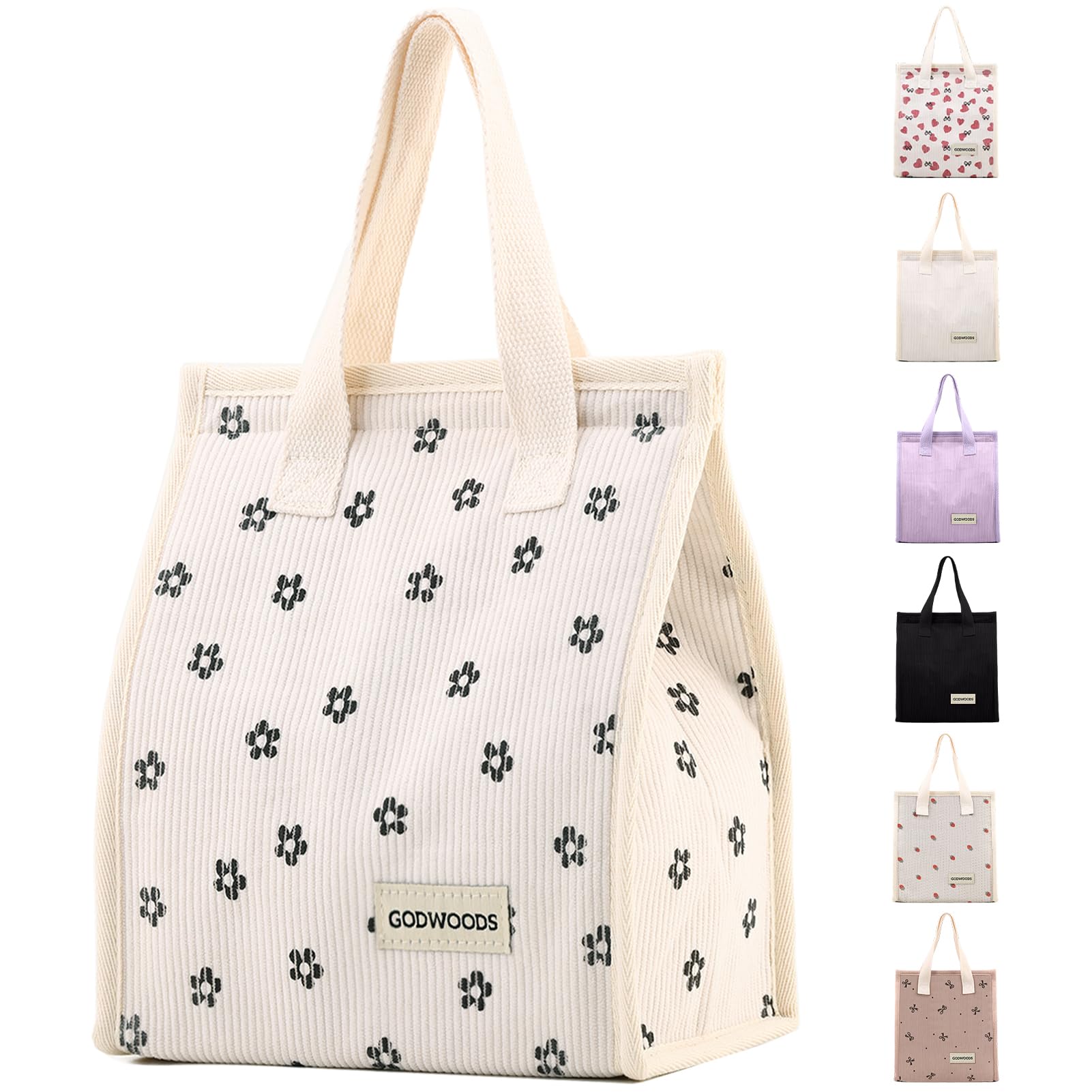 TELLUMO Corduroy Lunch Bag for Women Men Cute Lunch Bag Insulated Lunch Box with Large Capacity (7.5L) Reusable Lunchbag for Work, Picnic, Beach or Travel (S- Corduroy BlackClub)