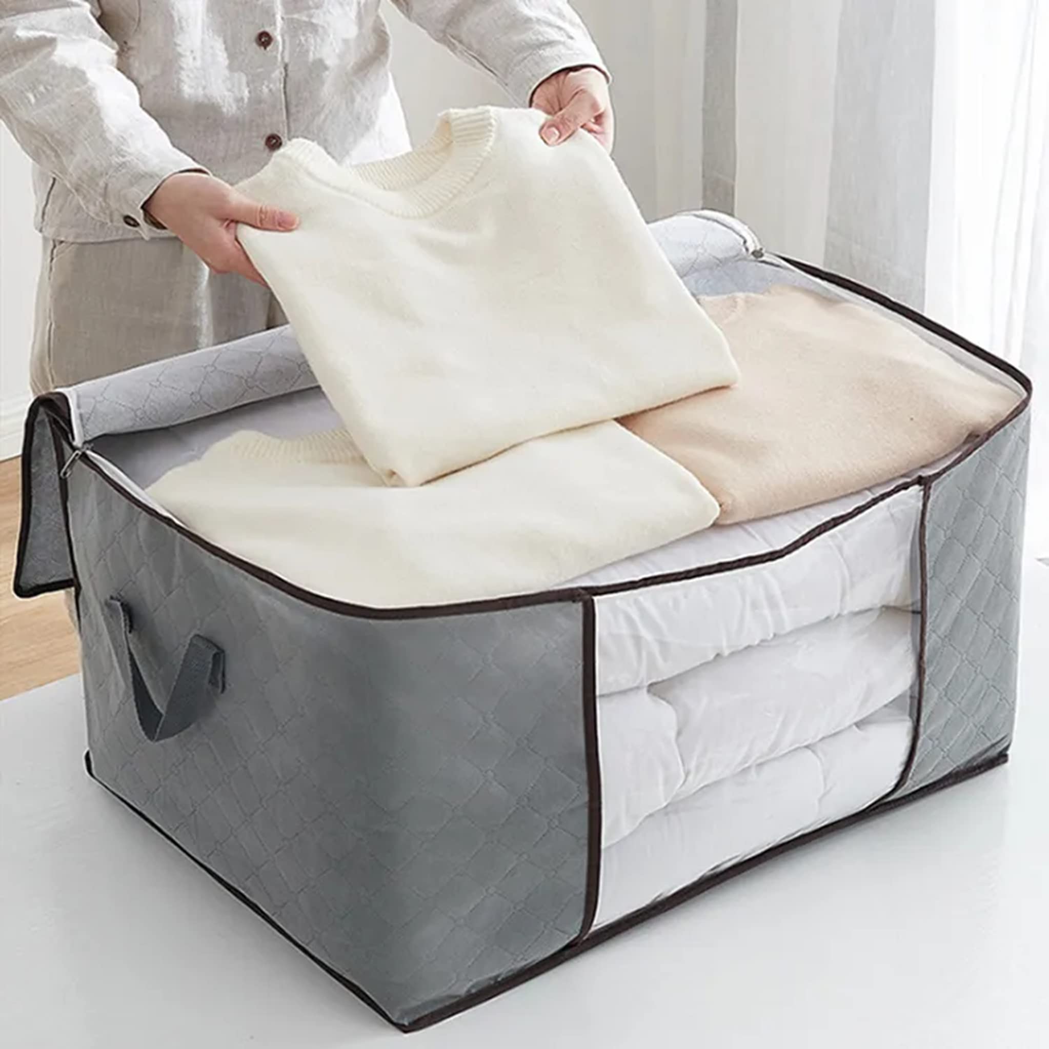 Lukzer 90L Clothes Storage Bag Large Capacity Storage Container with Reinforced Handle Foldable Closet Organizer for Blankets Bedding Sweater with Study Zipper (Grey/60 x 40 x 35 cm) (B0C4PVFW8T) Amazon Price History, Amazon Price Tracker