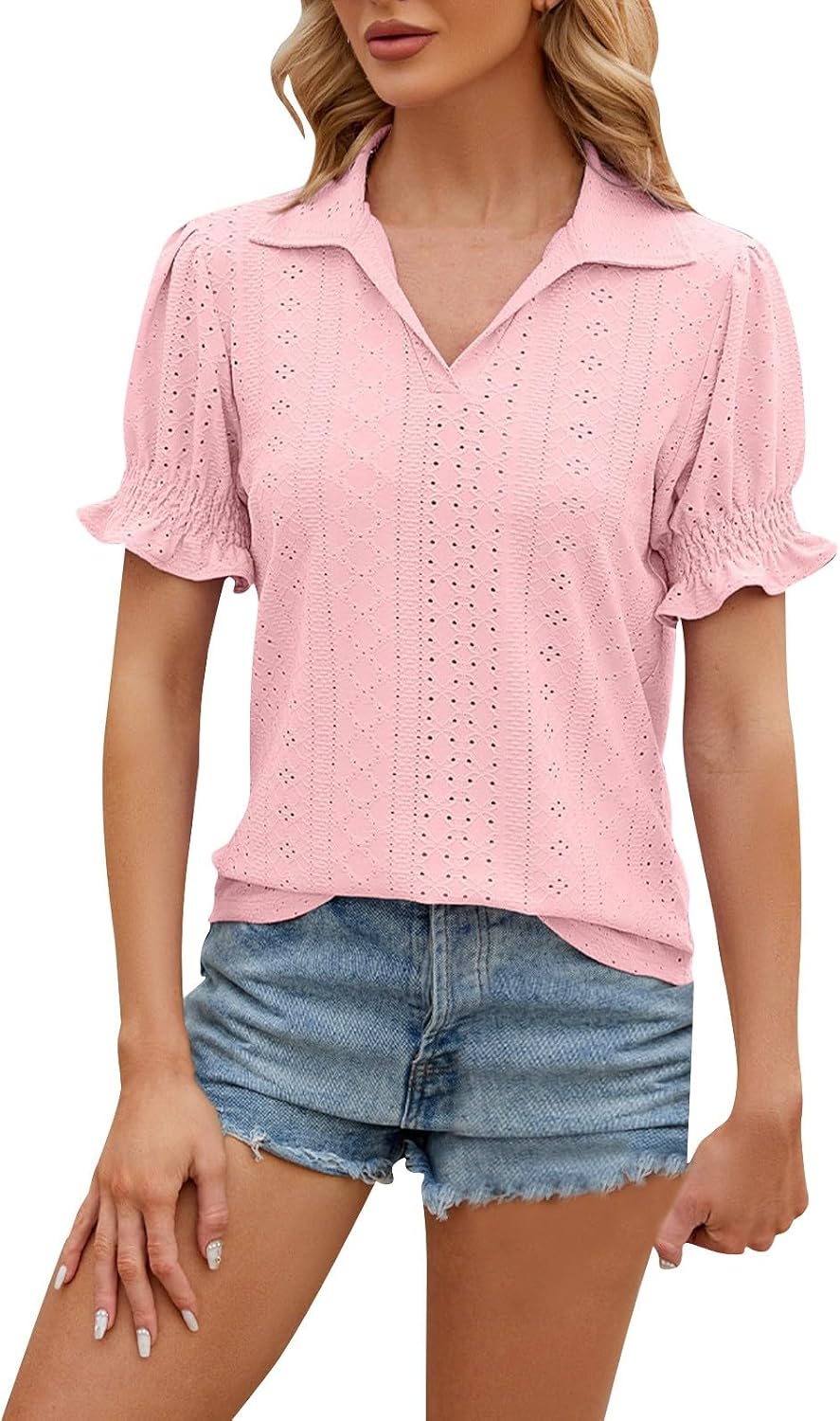 Womens Puff Short Sleeve Tops 2025 Summer Blouses Dressy Casual Eyelet Embroidery Trendy V Neck Business Work T Shirt