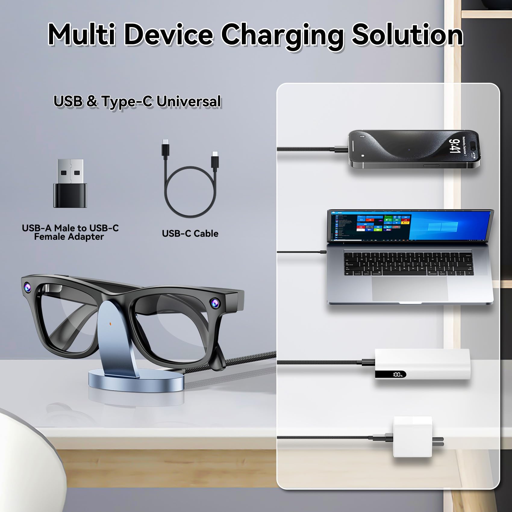 Cargador para gafas RayBan Meta Smart, base de metal con indicador LED, estación de carga rápida USB-C, soporte de carga portátil compatible con RayBan Meta 2