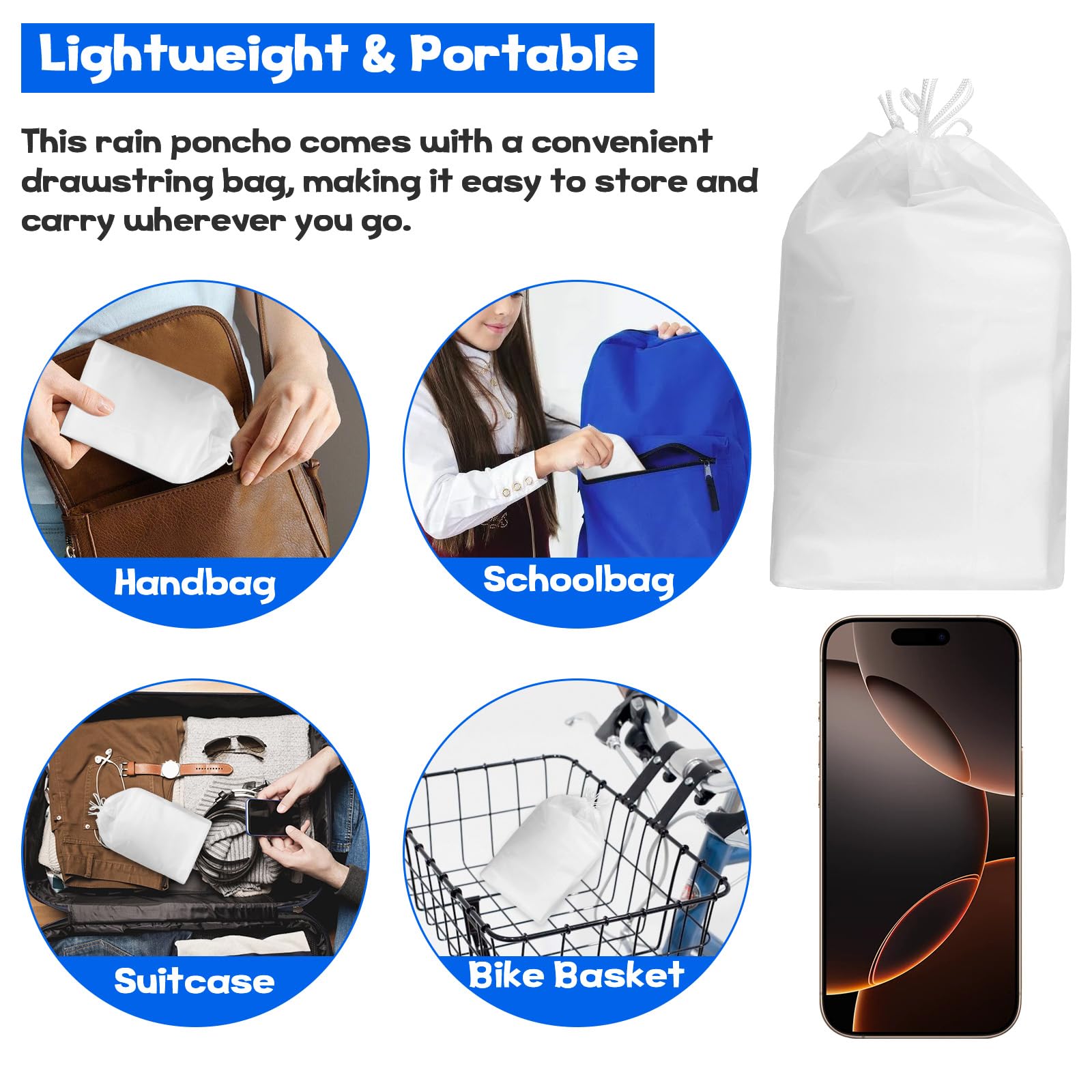 2Pcs Chubasquero Transparente de Niños Reutilizable, Capa Impermeable de Niños Portátil, Poncho de Lluvia de Goma EVA de Niños con 2 Bolsas con Cordón para Niños y Niñas de 5 a 12 años