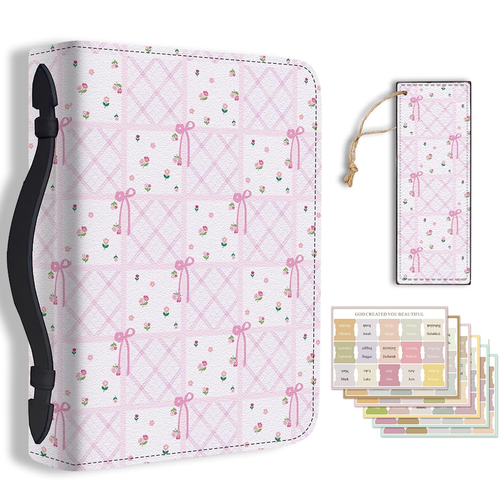 TNKBREEZE Women's Bible Cover Pink Flower Bow PU Leather Bible Case