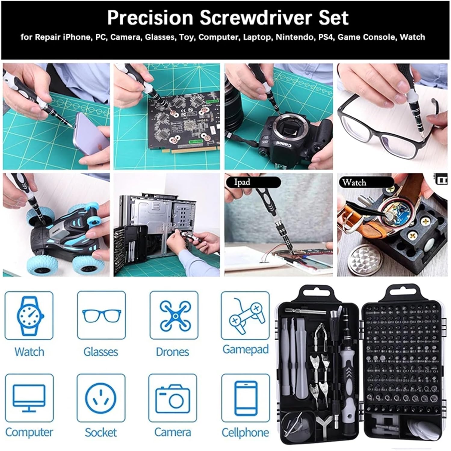 Spanner Set 135 in 1 S2 Precision Screwdriver Set Electronics Magnetic Repair Tool Kit Micro for Computer Pc Laptop Phone Mac (135 in 1 Black)