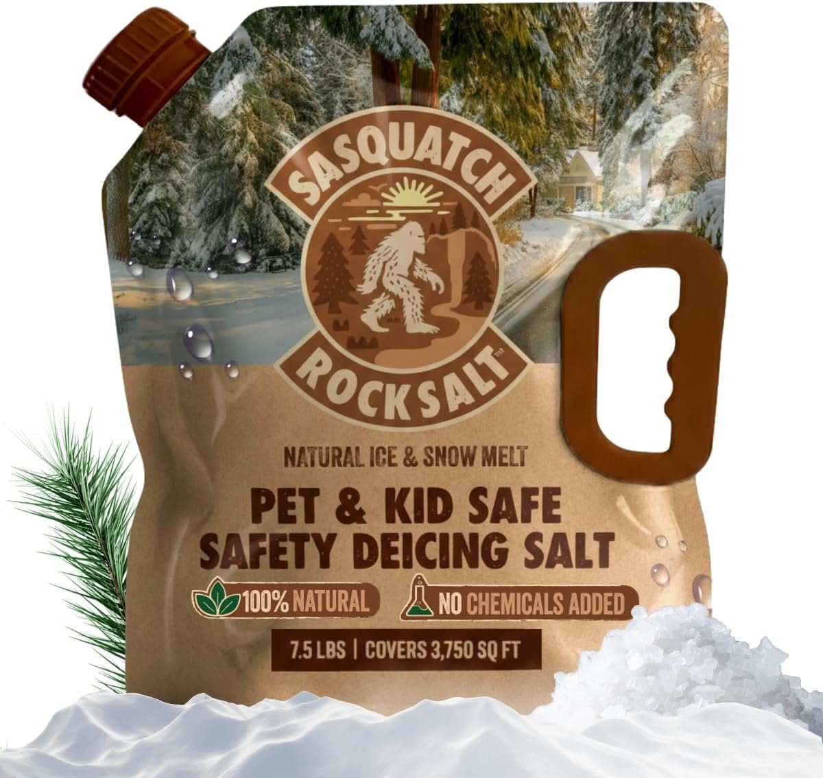 SASQUATCH ROCK SALT™ Natural Ice & Snow Melt - Pet & Kid Safe Safety Deicing Salt - 7.5 LBS (Single Pack) Covers 3,750 SQ FT - No Chemicals - 100% Natural - Pacific Northwest - Waterproof Pouch