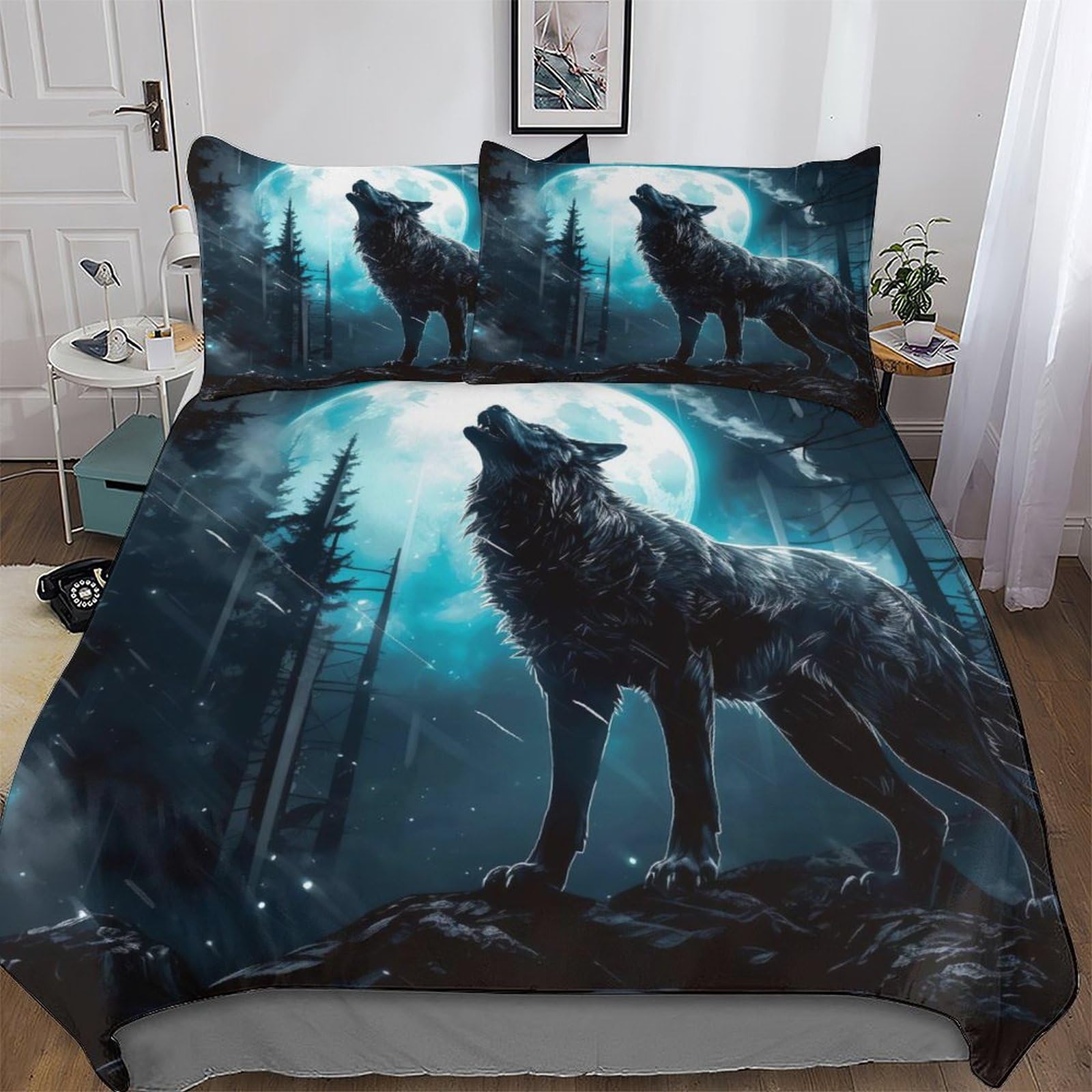 Housse de couette loup 220x240 cm avec ses 2 taies en microfibre douce