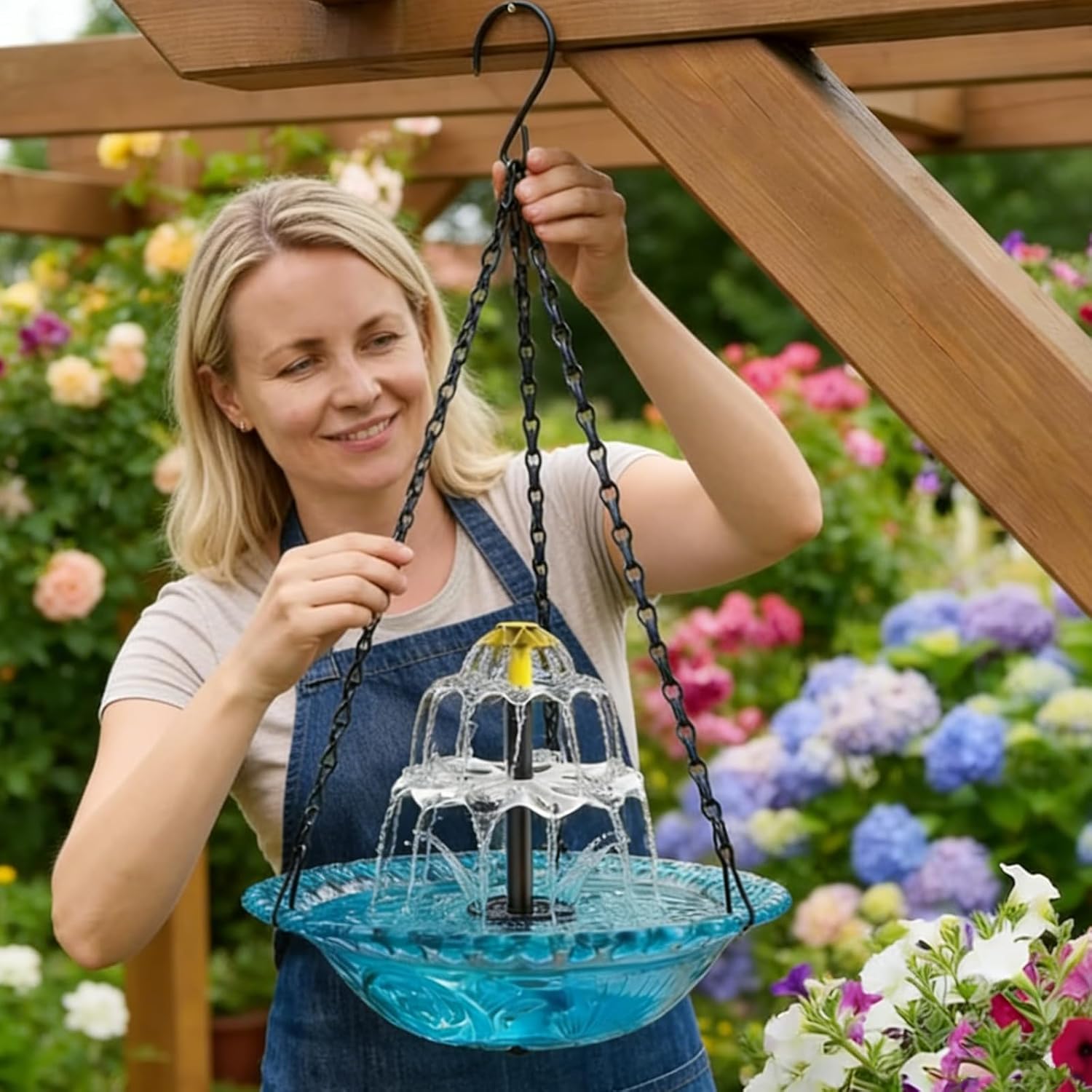 2026 New Solar Powered Hanging Bird Bath Fountain, 3 Layers Water Fountain for Bird Bath, Hummingbird Feeder with Solar Powered Pump for Outside Garden Decor (Blue)