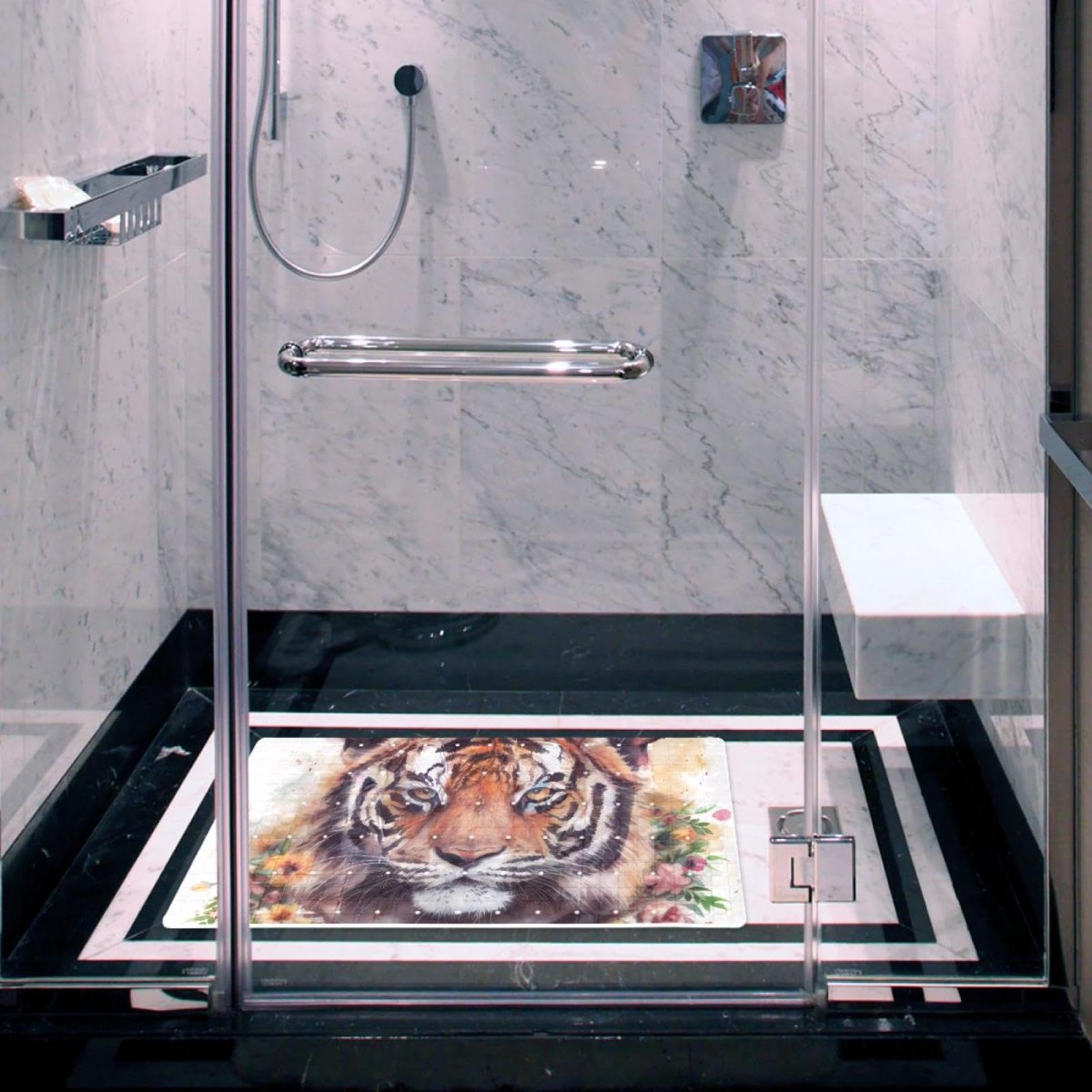 Rutschfeste Badematten für Badezimmer, Motiv: Tiger mit Blumenkranz, rechteckig, maschinenwaschbar, 40 x 70 cm