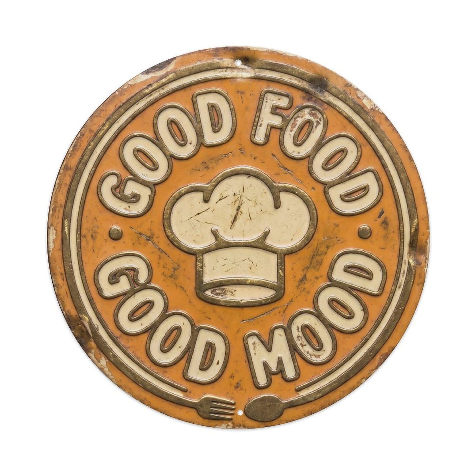 Good Food Good Mood Nostalgic Kitchen Display Retro Slogans Metal Tin Sign Plaque Wall Decor for Cafe, Club Bar, Office, Home Garden Round Metal Poster 8x8Inch