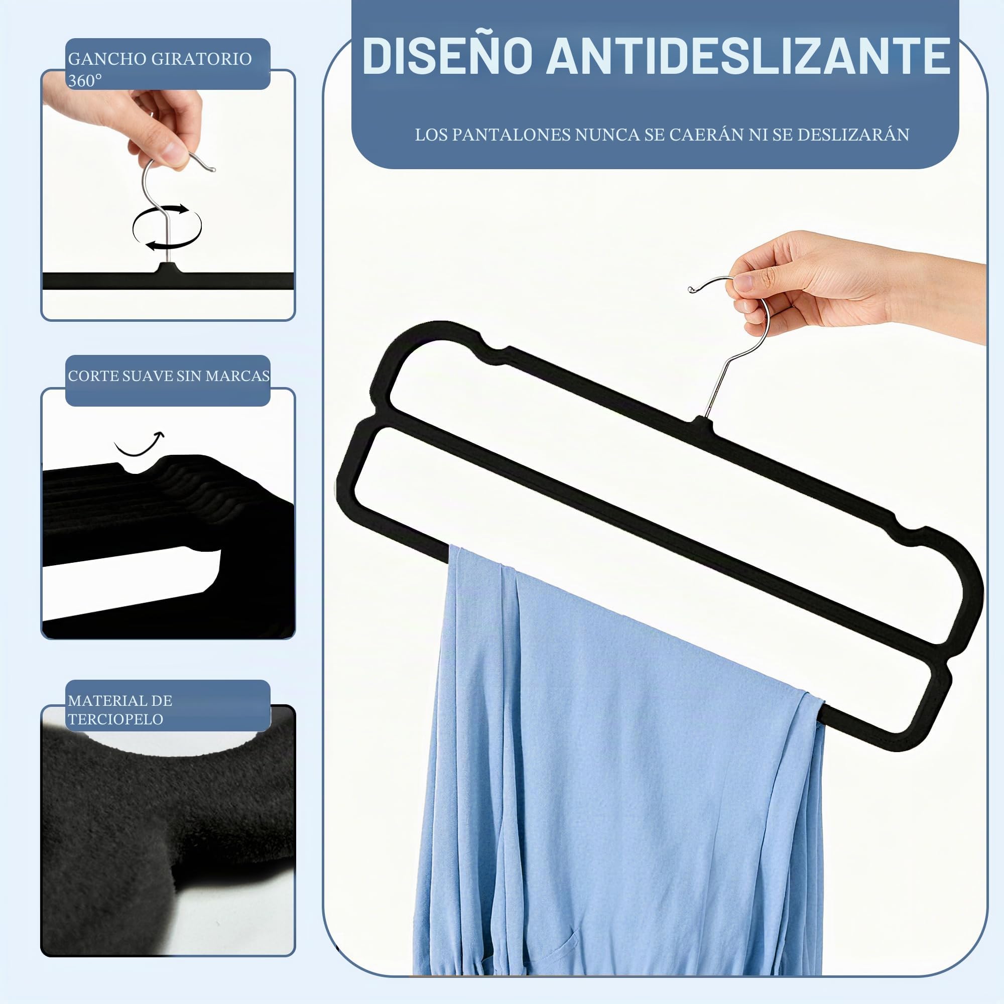 HGYZE Perchas para Pantalones Doble Capa, 10 Perchas de Terciopelo, Ahorro de Espacio, con Gancho Giratorio de 360° para Vestidos, Pantalones Cortos, Vaqueros, Slack, Negro