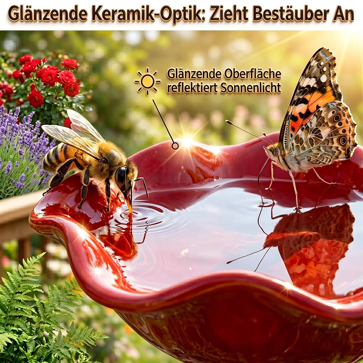 Vogeltränke Blume, Bienentränke Keramik mit Bodensteckdose - Bienentränke Gartenstecker & Insektentränke, Wasserschale und Vogelfutterstelle, Dekorative Keramikblüten Blumenstecker (A2)