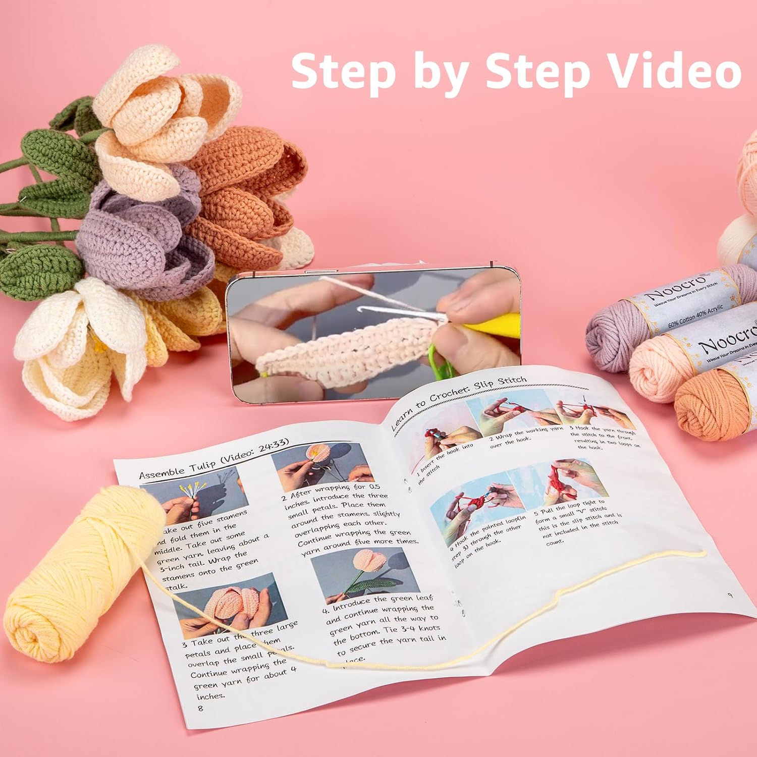 Noocro Crochet Kit Flower Bouquet, Rose, Lily Myosotis, Poppy, Tulip and Orchid with Video Tutorial and Detailed Instructions, Complete Kit Craft Supplies Holiday Gift (Tulip) image 5
