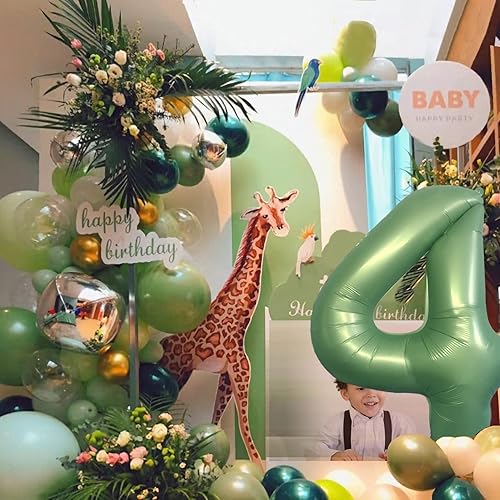 Miniatura 4 de Globos verdes del número 4 de 40 pulgadas, decoración de fiesta verde mate, globo retro grande verde oliva para fiestas temáticas de zoológico