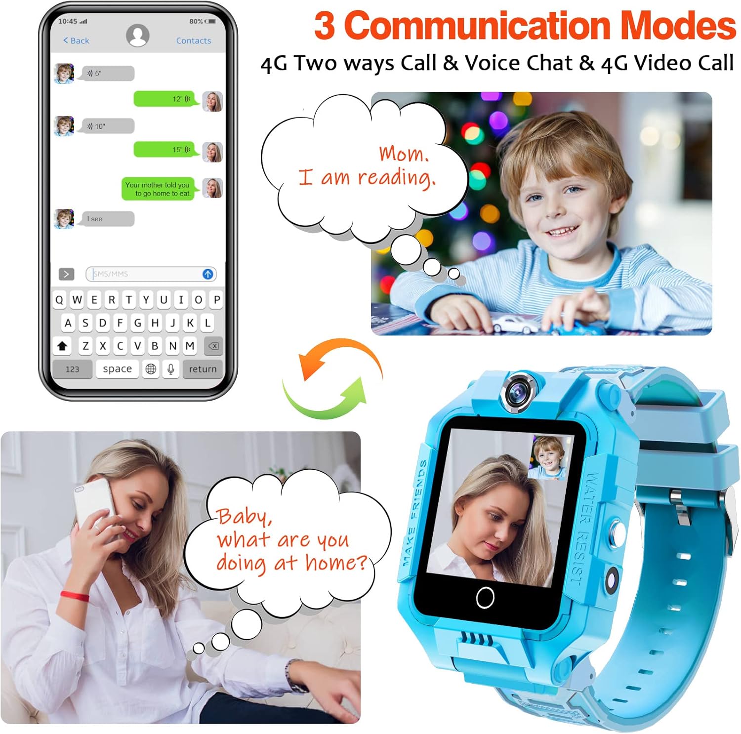 Smartwatch and phone displaying 3 communication modes