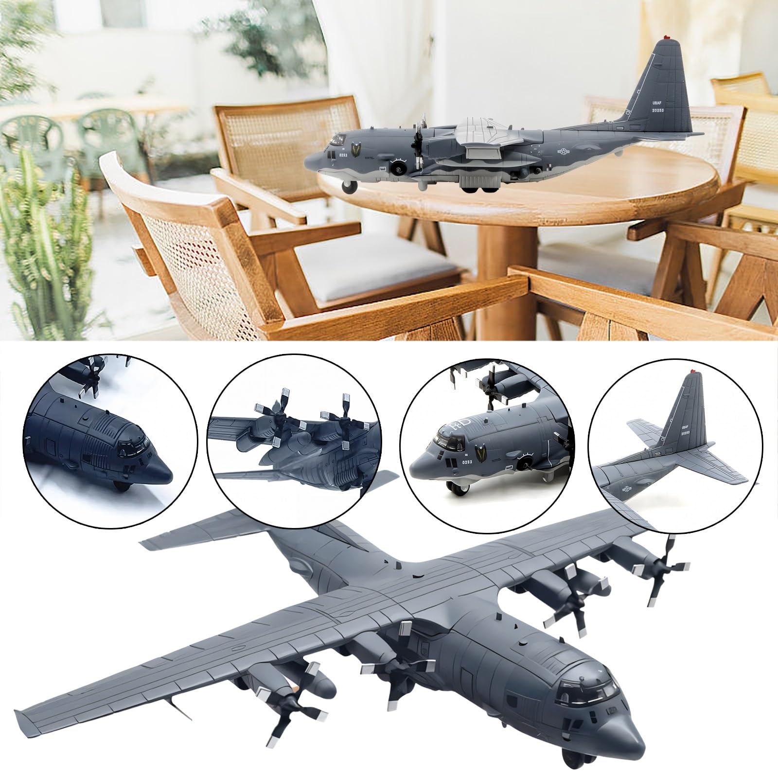 Modello aereo combattimento militare AC130 in scala 1:200, pressofuso, con eliche rotanti metallo, espositore for aereo, regalo collezione for adulti, decorazione for ufficio