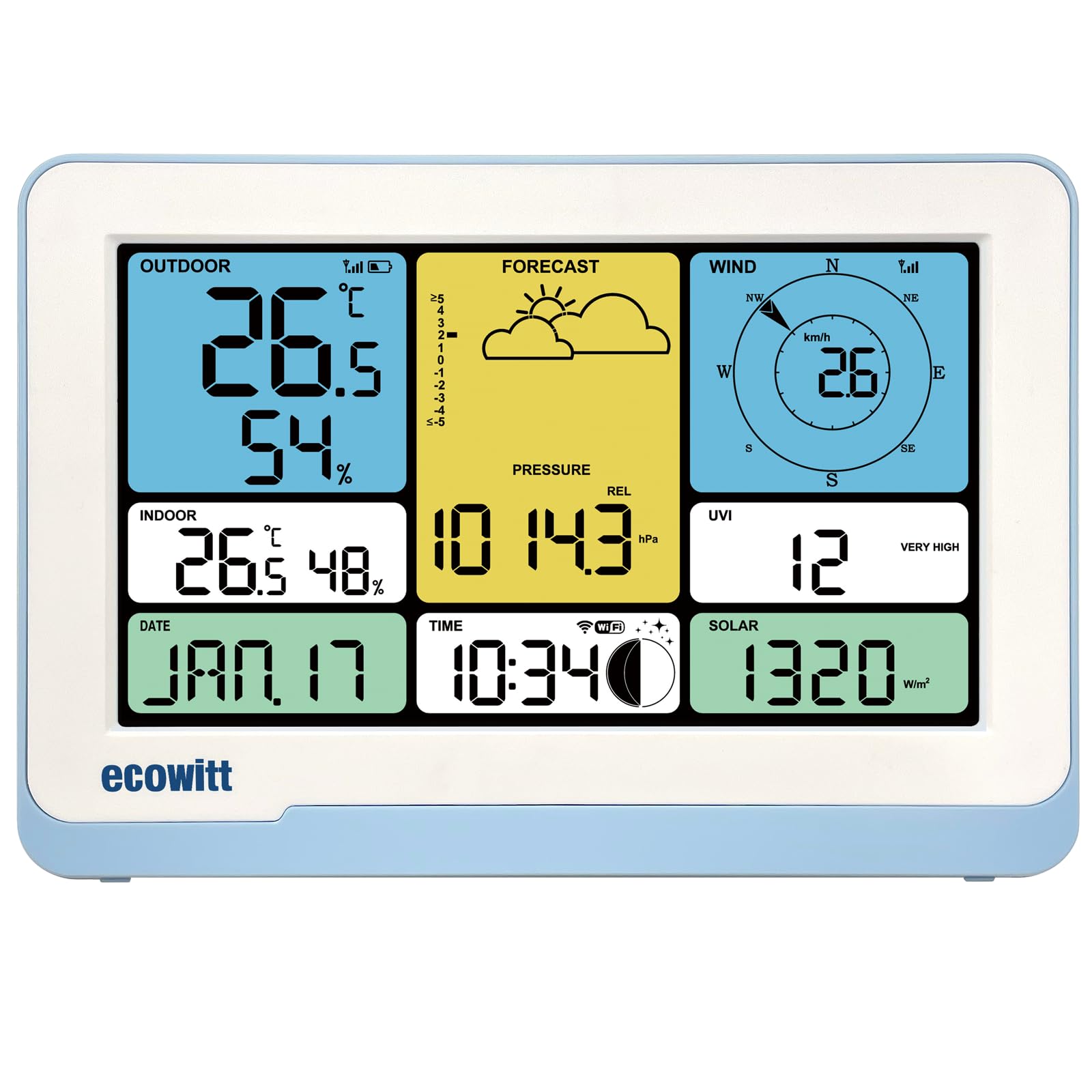 ECOWITT Consola WS3820_C para estación meteorológica, pantalla LCD a color doméstica de 7,5 pulgadas, sensores internos 3 en 1 integrados, par con WS69/WS90/WS85, control inteligente de conexión IoT