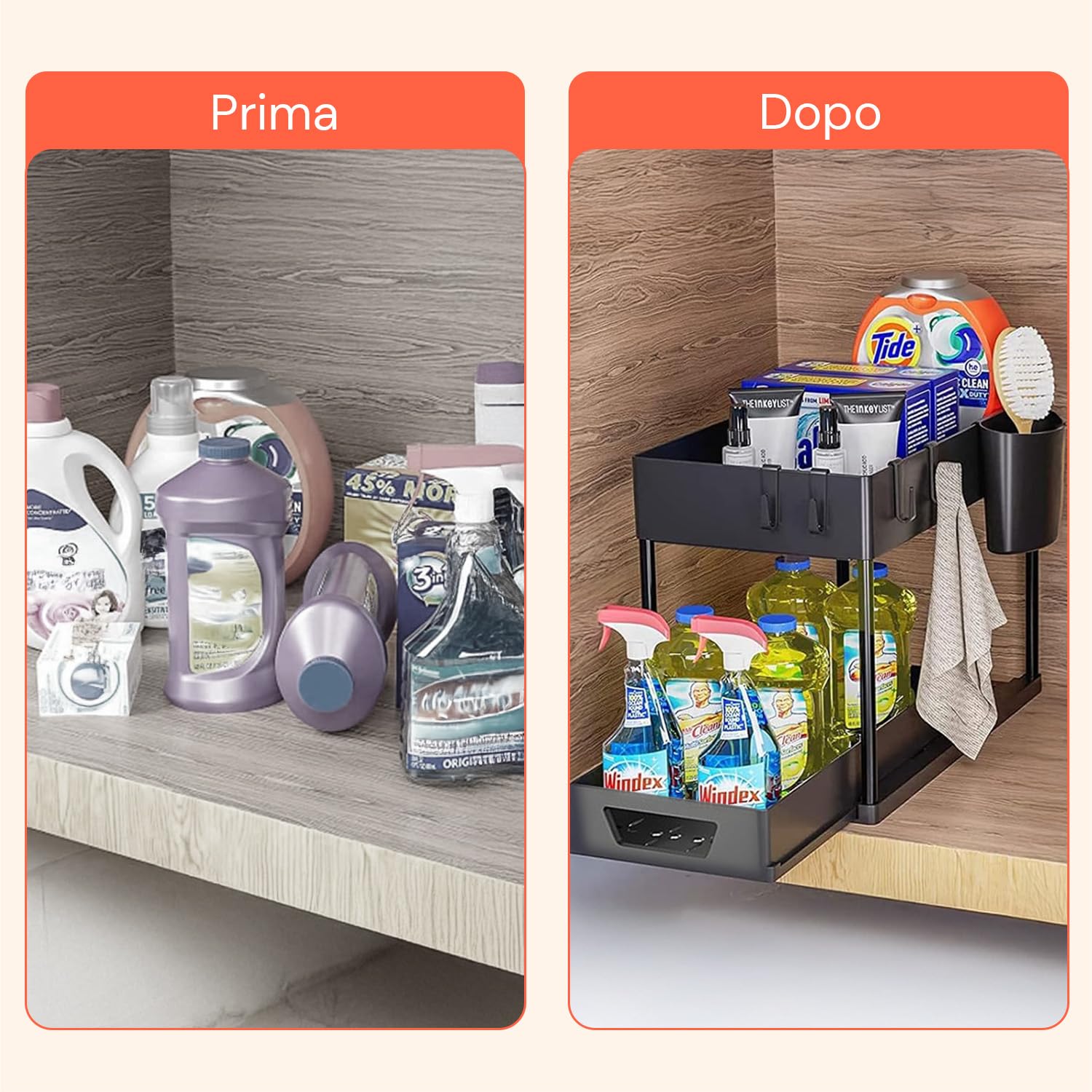 Avilia - Organizer Sottolavello Cucina a 2 Ripiani con Cestelli e Ganci per Ottimizzare Spazio in Bagno e Cucina, Facile da Montare, Ideale per Detergenti e Accessori di Uso Quotidiano
