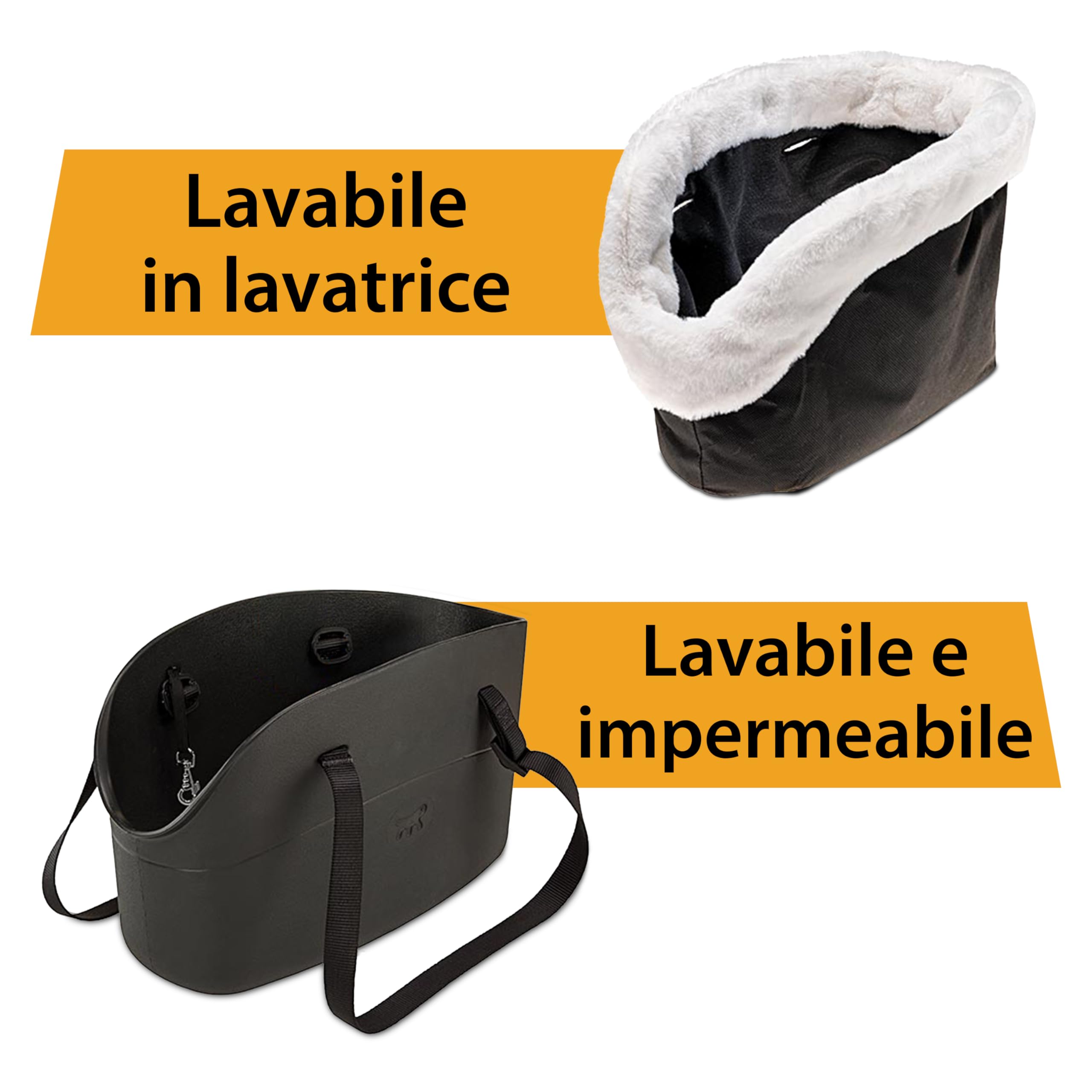 Ferplast Borsa per Cani Gatti fino a 8 Kg. Plastica Gommata Impermeabile e Lavabile, Imbottito con Caldo Peluche, Manici Regolabili, Cinghia di sicurezza, 43,5 x 21,5 x h 27 cm. Nero