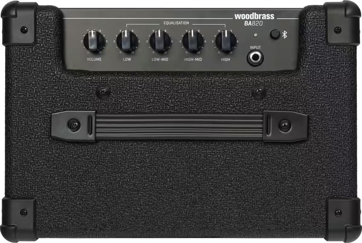 Woodbrass BA820 - Ampli Basse 20W Classe D, Compact & Léger, HP 6,5”, EQ 4 Bandes, Réception sans Fil, Entrée AUX & Sortie Casque, Idéal Débutants & Pratique à Domicile