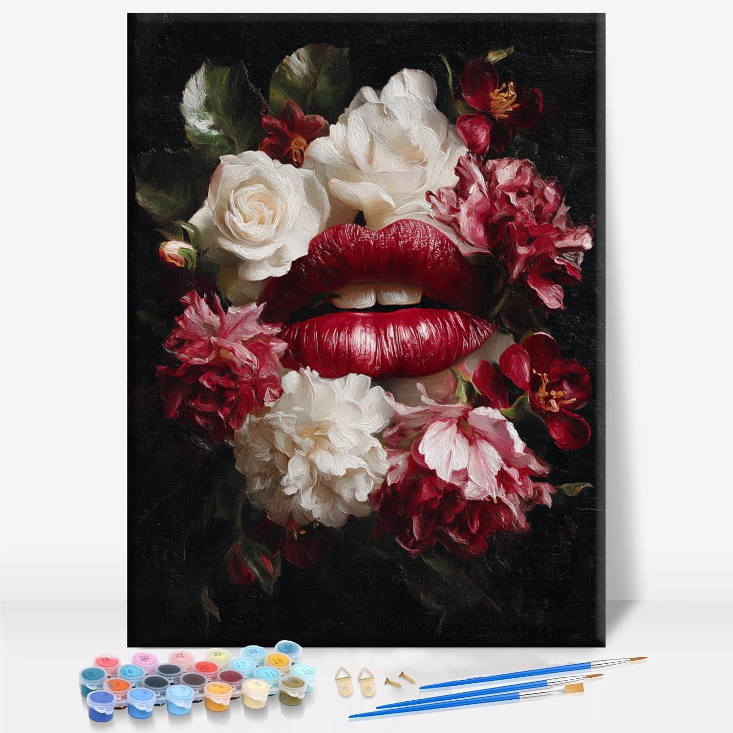 Aeontinity RED Lips with Roses Body Organ Framed Canvas DIY Paint by Numbers Kit Bar Cafe Cave Home Room Wall Bathroom Porch Patio Decor Gift, 16 x 12 Inch