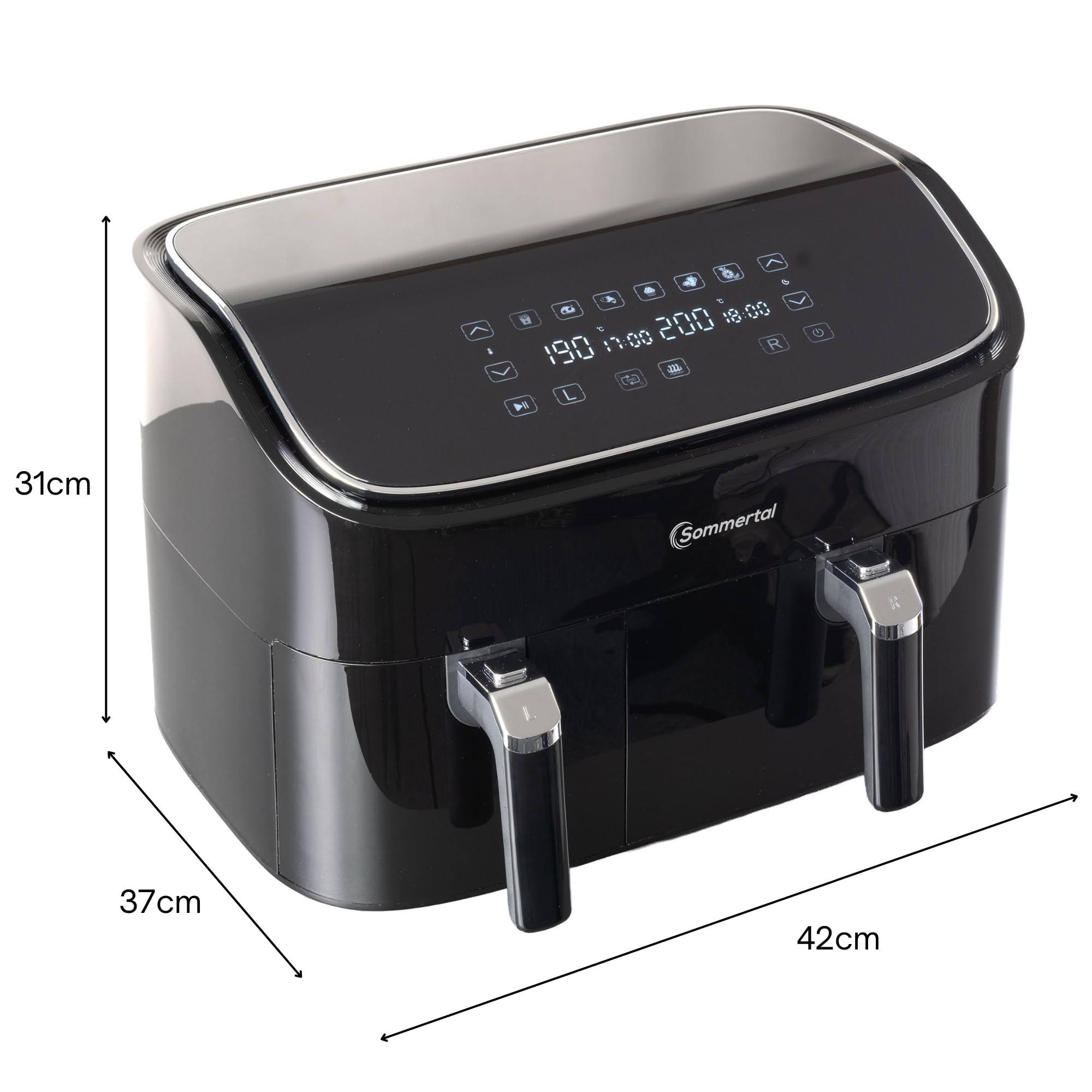 Sommertal HF DUAL 900, Heißluftfritteuse Doppelkammer 9 Liter, Airfryer mit 2 Körben, 2850 Watt, mit Dörrfunktion, Synchronisation, Touch-Display, 6 Programme, spülmaschinenfest, BPA-frei