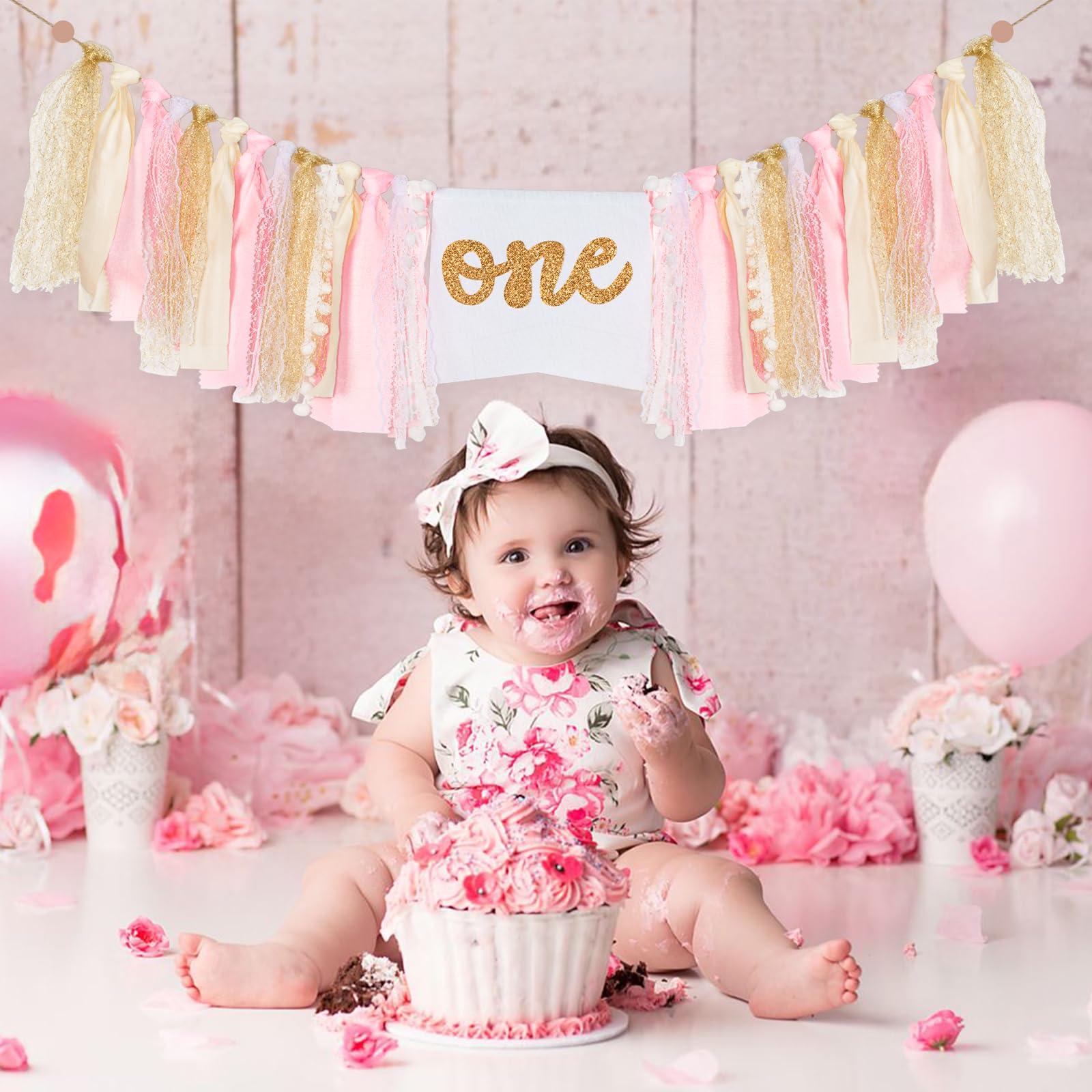 "ONE" Burlap Banner For 1st Birthday Highchair Decor - Pre-Assembled, 3 Pack (5.3"x7.4" Each)