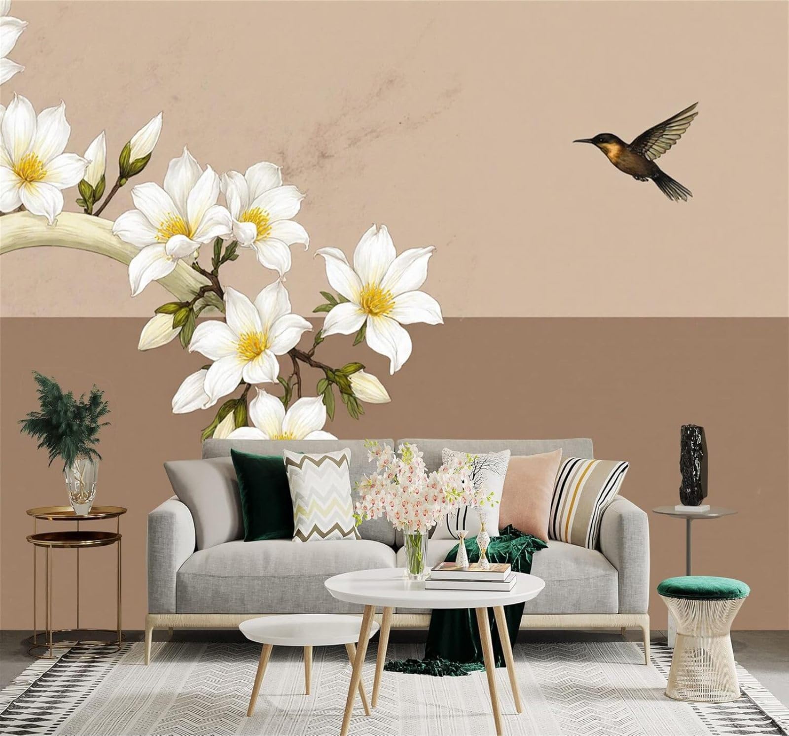 XLMING Simple Beautiful White Magnolia Birds in Flight Beige Background 3D Wallpaper Silky Texture Home Study Office Grey Dining Room Sofa Bedroom Living Room TV Backdrop-430cm×300cm