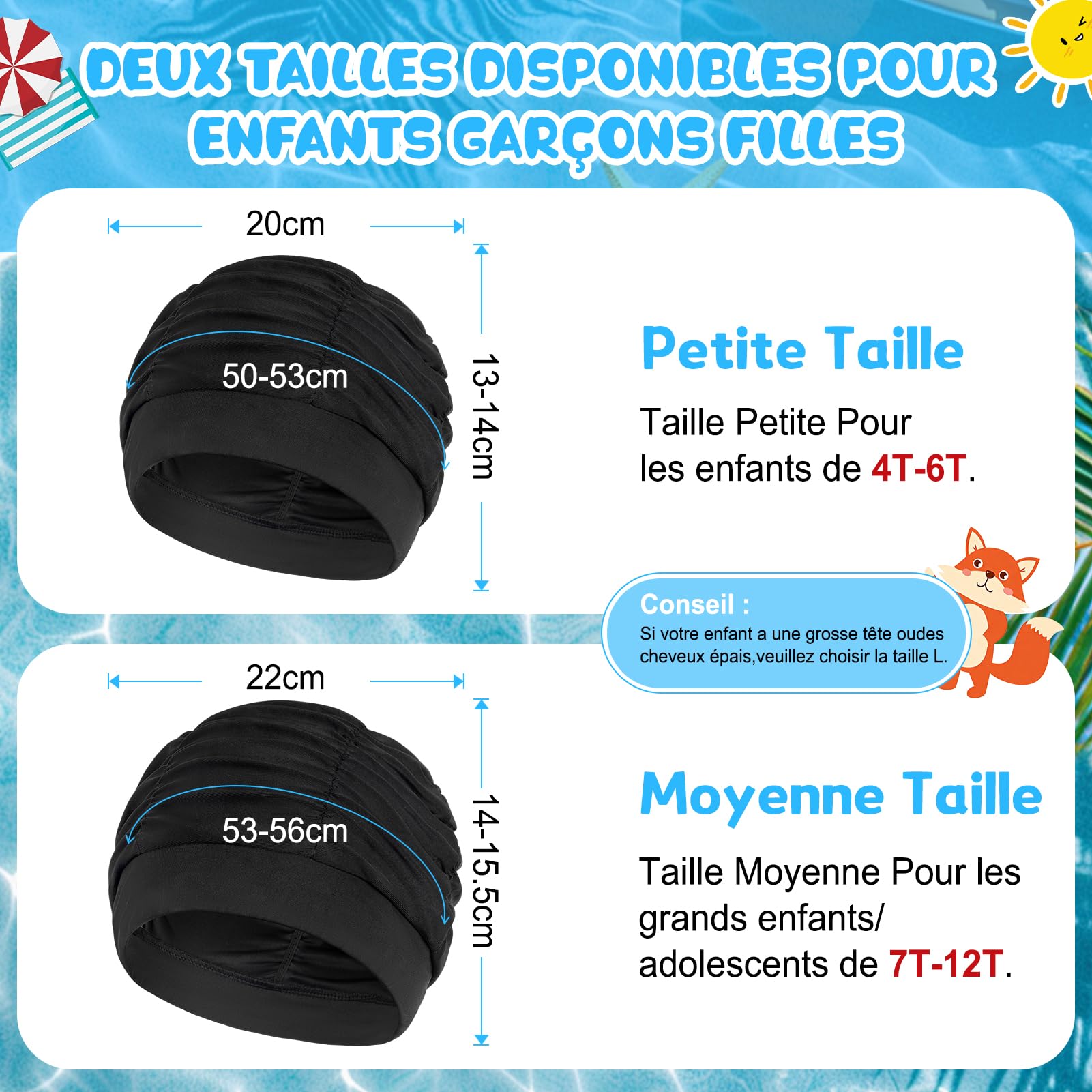 Kiiwah 2 Pièces Bonnet de Bain Enfant, Bonnet de Piscine en Tissu Plissé Extensible et Confortable pour Cheveux Longs et Courts Fille et Garçon, Conçu pour la Durabilité et sans Nœuds - 3
