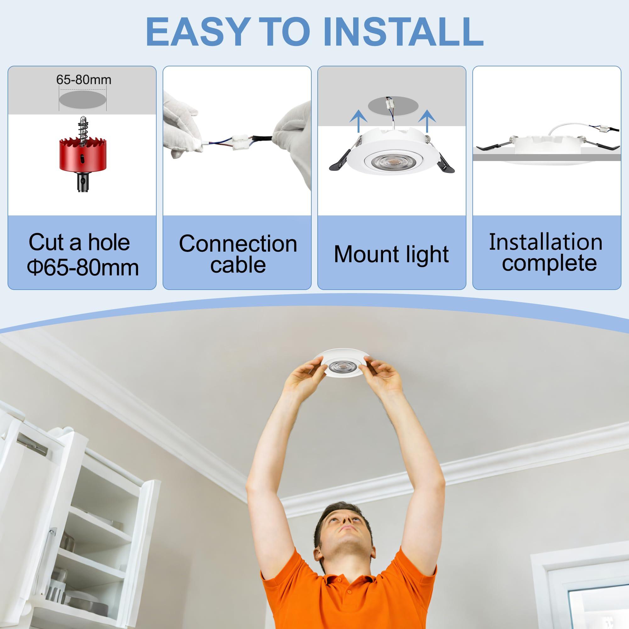Downlight LED Techo Empotrable Regulable 230V, 5.5W 600LM IP44 Ojos de Buey Ultrafino 68mm, 45° Rotable Focos LED Interior Techo Blanco Calido 2700K Foco Empotrable para Baños, Blanco 6 Pack