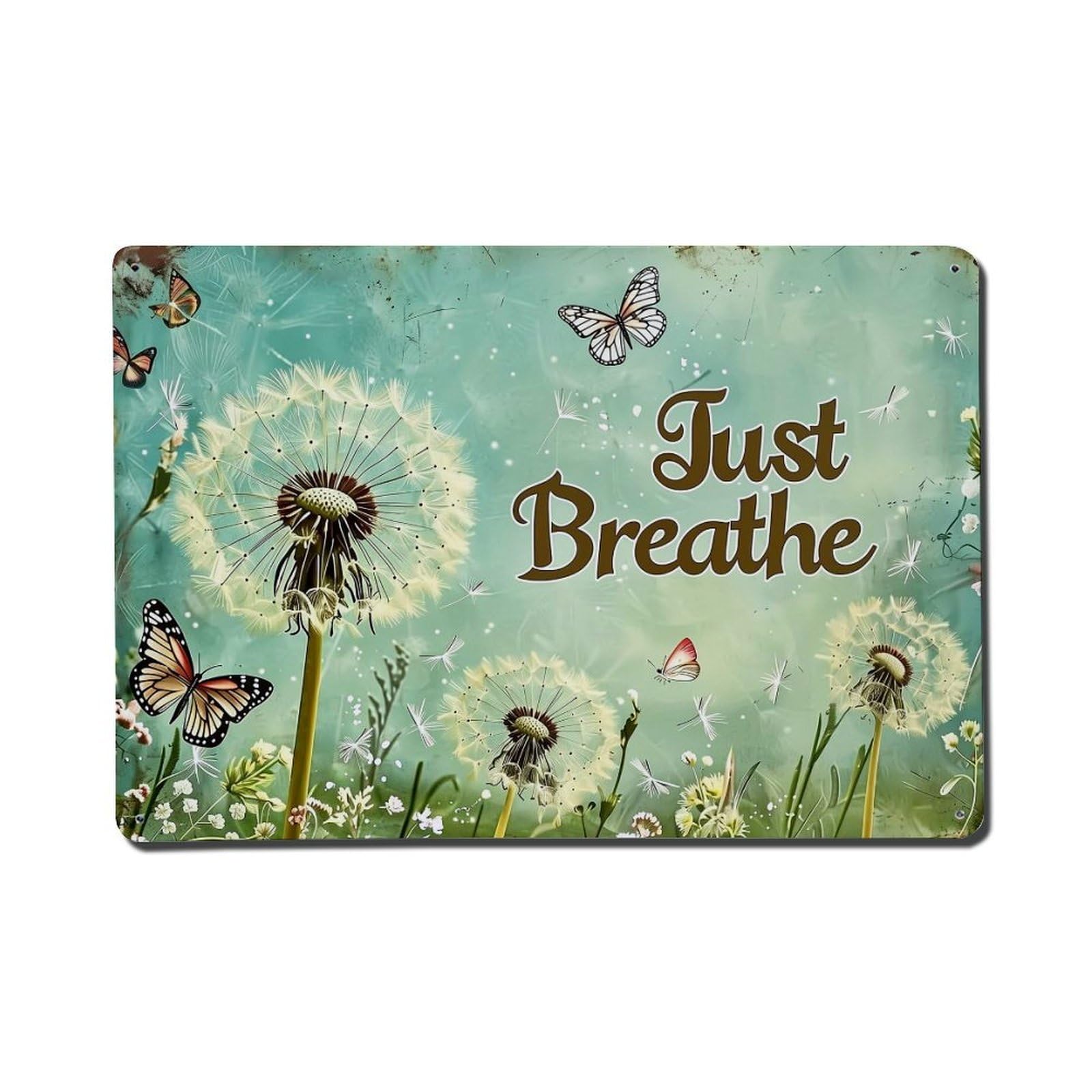 Nestemfo Vintage Just Breathe Dandelion Butterfly Floral Pattern Tin Sign Metal Sign, Living Room,Bar, Home, Bedroom Wall Decor,Retro Metal Poster 8X12 Inches