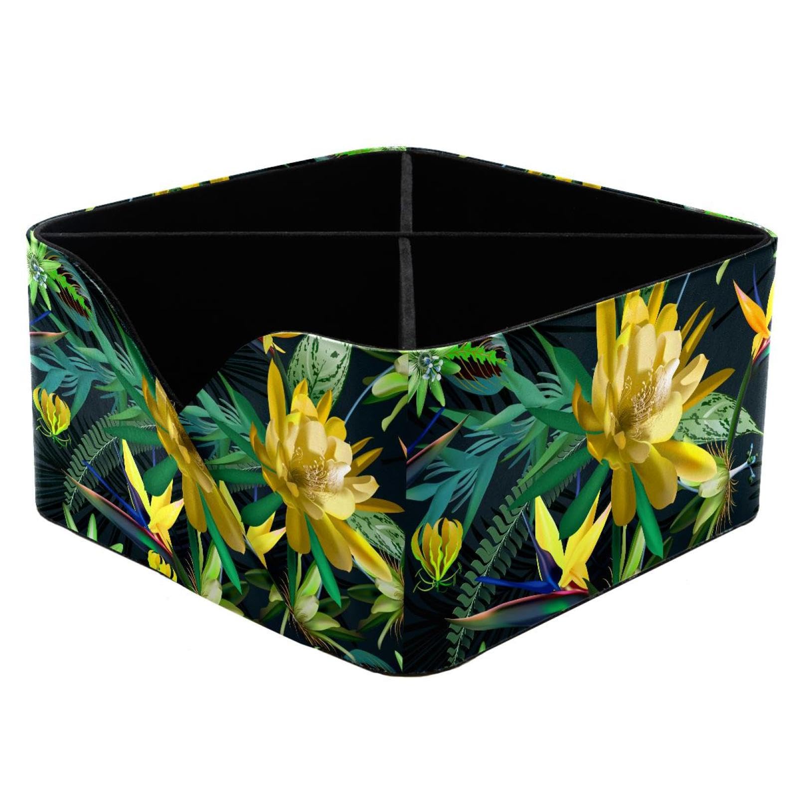 KengjuTesu Cactus Tropical Flowers and Leaves Desktop Organizer Pen Holder, Rectangular Pencil Cup for Office, Study and Makeup Stations