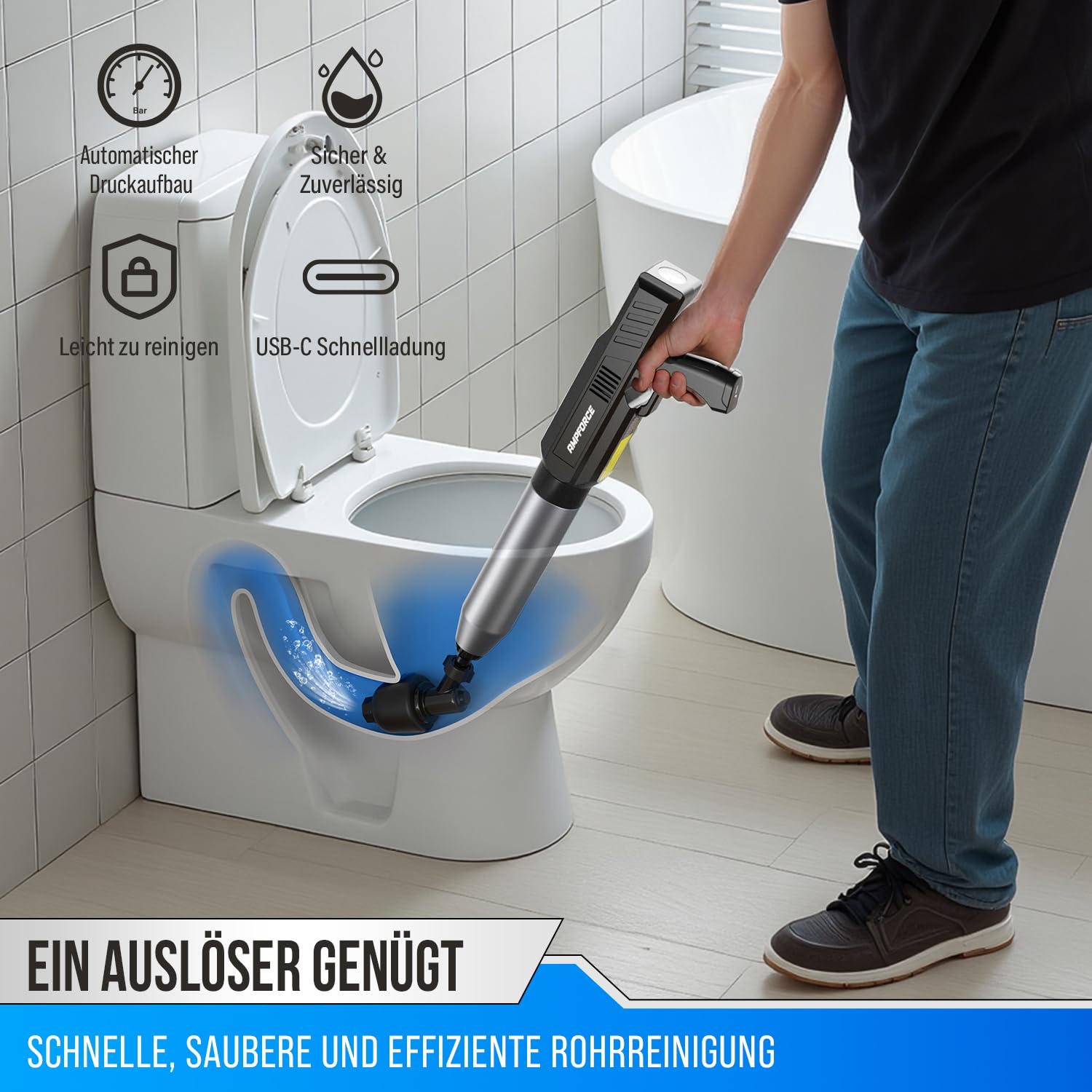 Elektrischer WC Pümpel - 1-8 BAR verstellbarer Druckluft Rohrreiniger, 120° Anti-Spritz Saugglocke Toilette, USB-C Abflussreiniger Pumpe für WC Waschbecken Dusche Küche(Tintenschwarz)