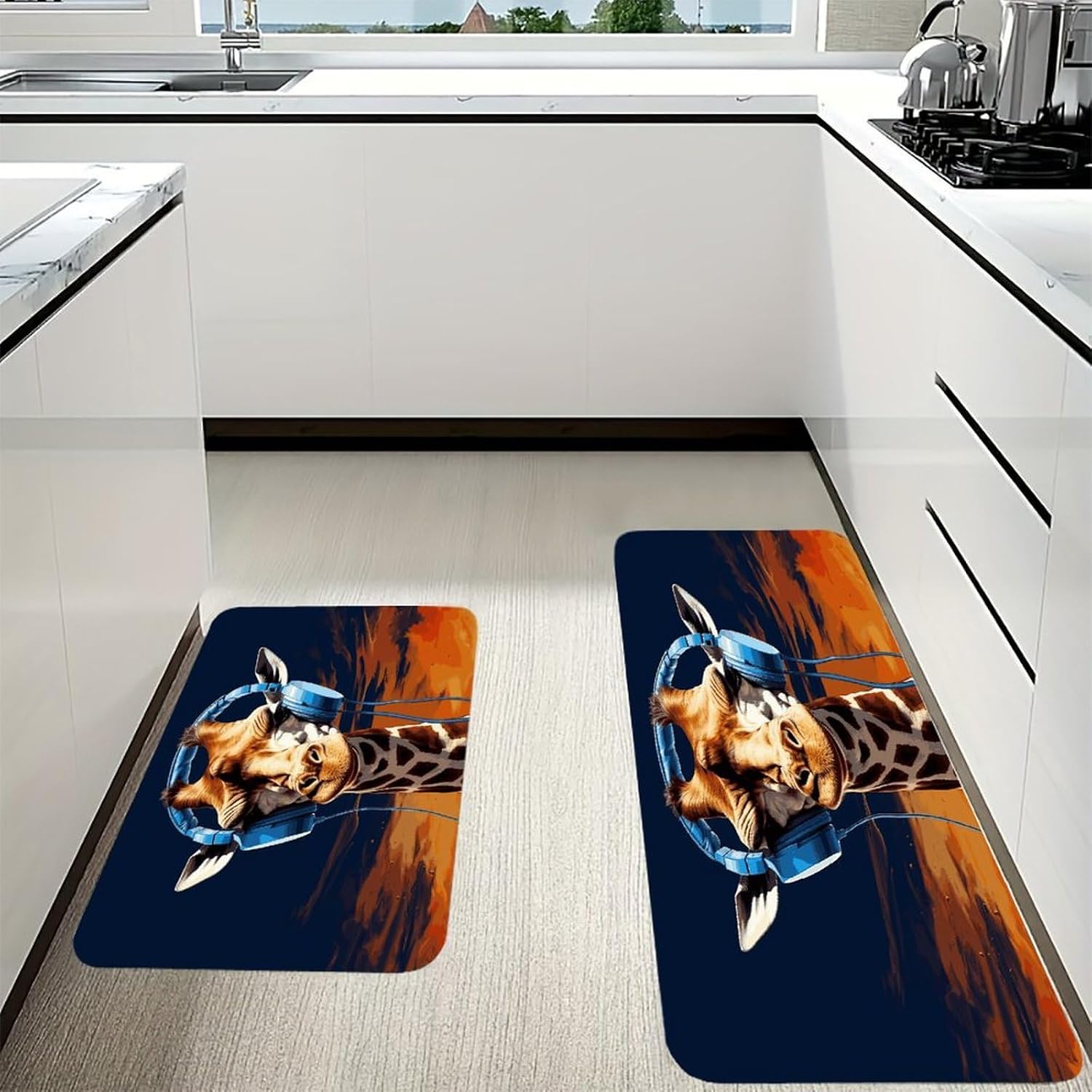 Giraffe Wearing Headphones Kitchen Mats with 2PCS Non-Slip Washable,Kitchen Rug Heavy Duty Durable, Floor Mats for Kitchen,Office,Sink,Laundry