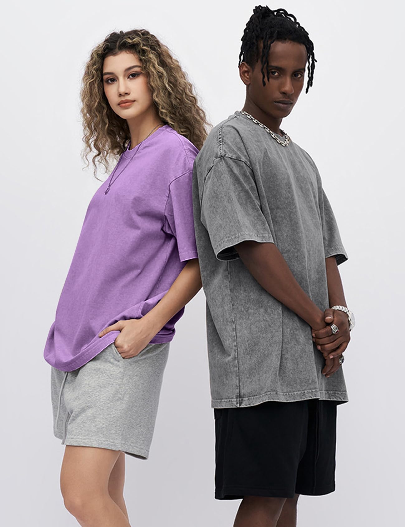 Eisctnd Camisetas de Gran tamaño para Hombre, 3 Piezas, Unisex, Vintage, de algodón Lavado con ácido sólido, Estilo Casual, Estilo Hip Hop, Negro, Morado y Gris, S