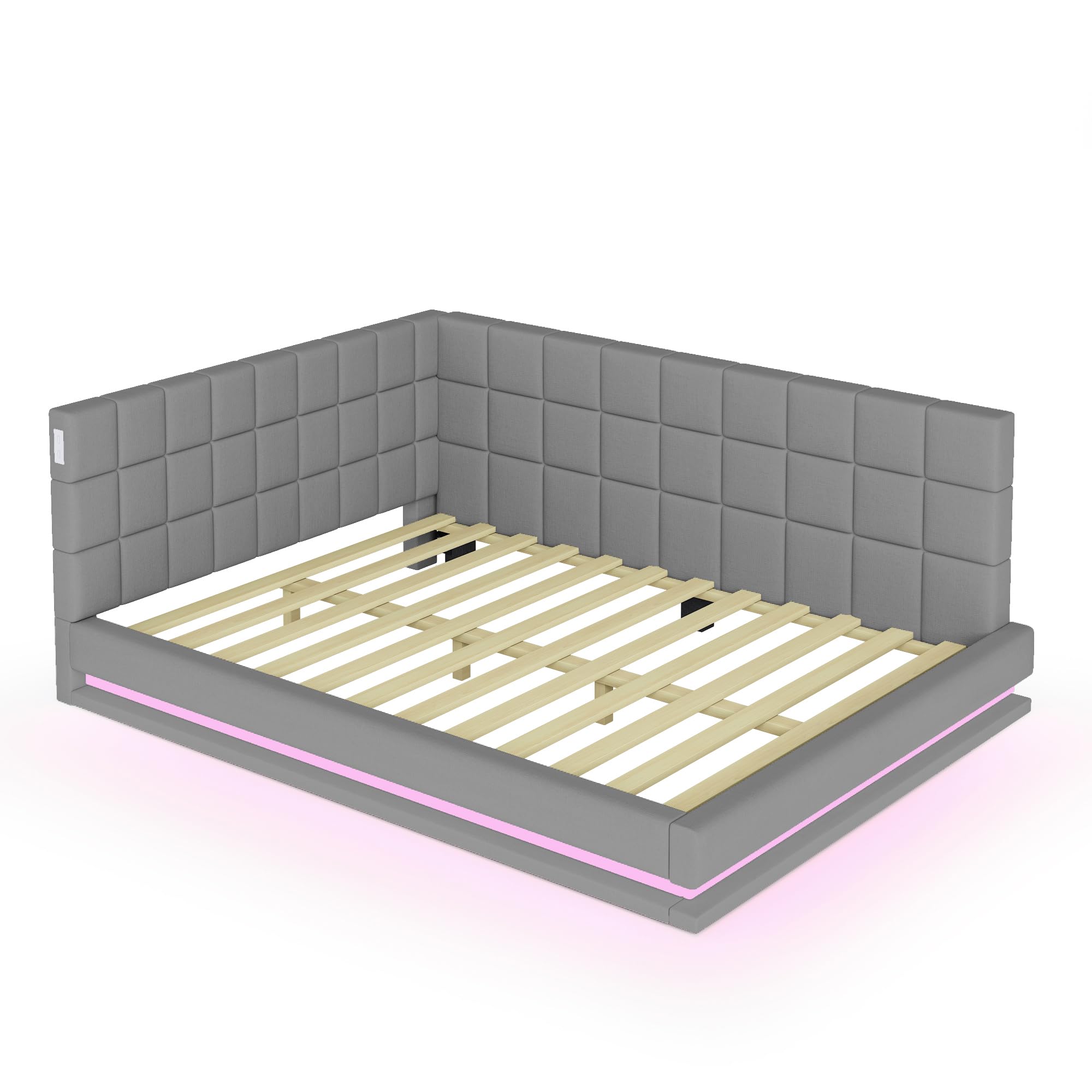 ZYLOYAL10 Cama tapizada para sofá cama multifunción con somier de láminas de tela aterciopelada agradable al tacto (tira de luz LED gris, 140 x 200 cm)