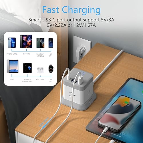 Miniatura 3 de BESTEK Adaptador de enchufe de viaje europeo, regleta de alimentación con USB C PD de 20 W y 3 puertos USB, extensor de salida ancho de 3 lados,