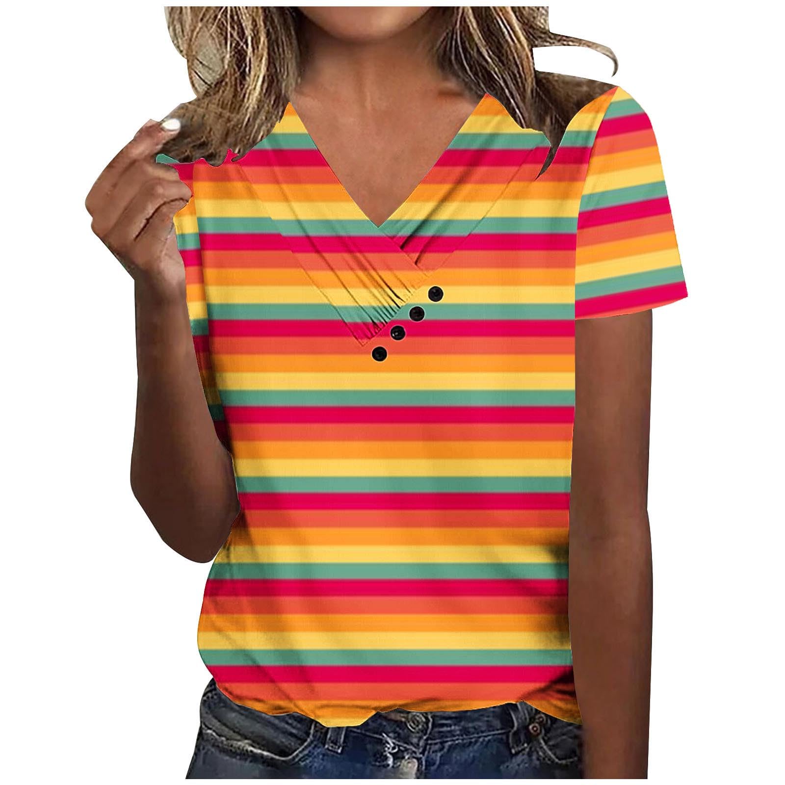 HAOLEI Camisetas Manga Corta Mujer,Casual Camiseta Mujer de Cuello en Pico Escote Irregular Camisetas Mujer Verano con Moda Estampado de Rayas Arcoiris Suelta Camiseta Mujer Primavera Verano