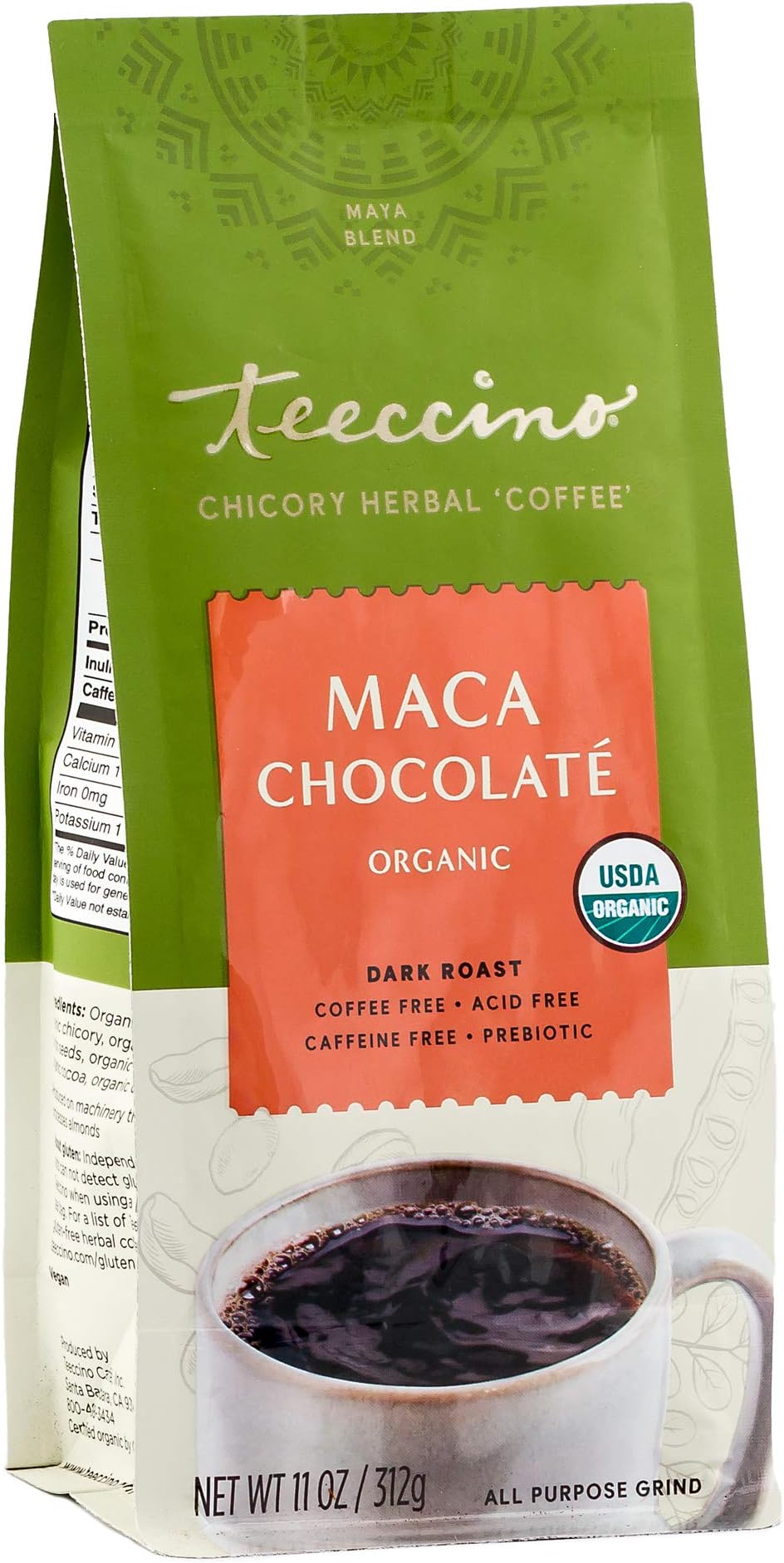 Teeccino Maca Chocolaté Chicory Coffee Alternative - Ground Herbal Coffee That’s Prebiotic, Caffeine Free & Acid Free, Dark Roast, 11 Ounce