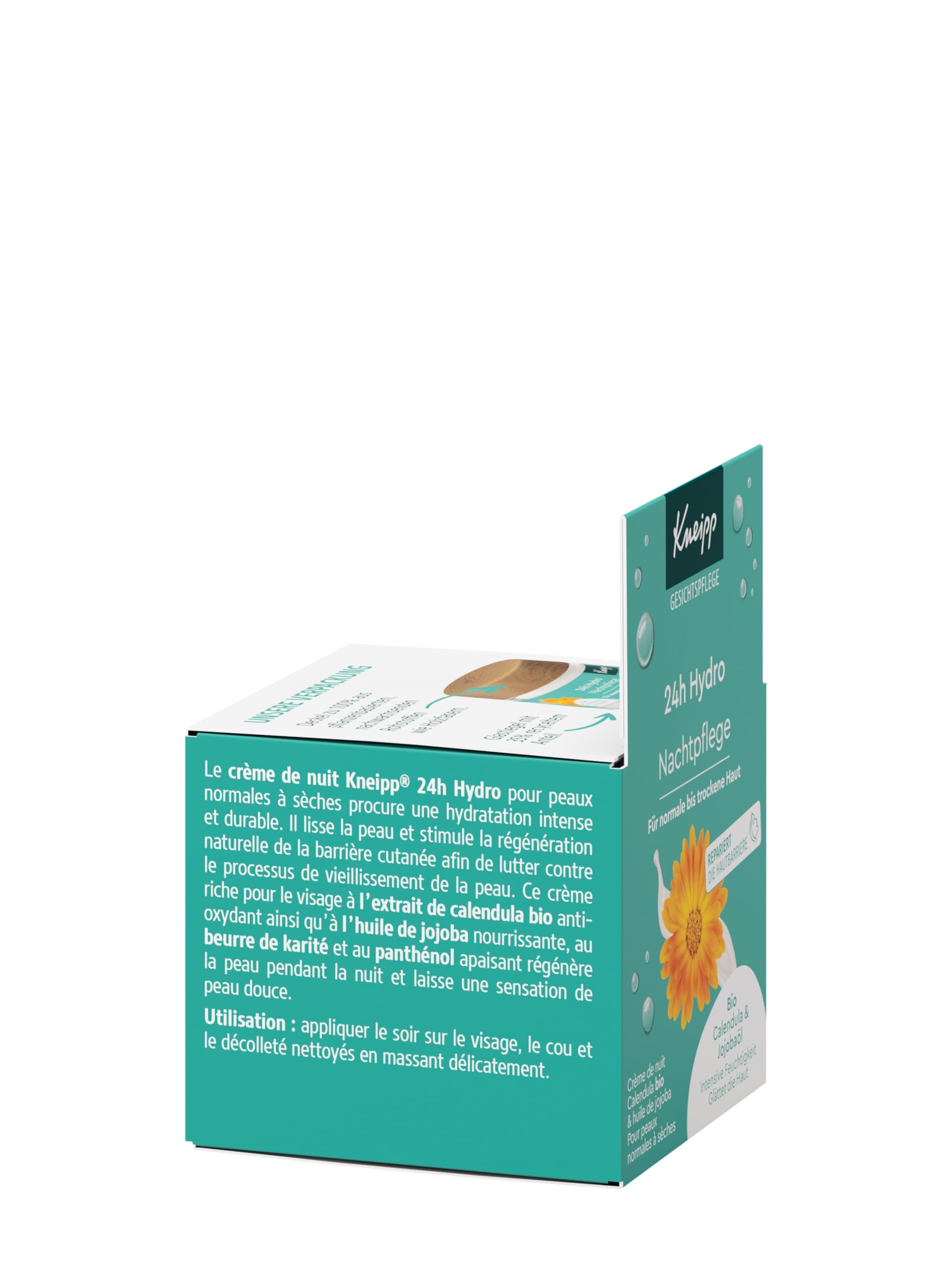 Kneipp 24h Hydro pielęgnacja na noc – krem do twarzy z bio nagietka i witaminą E – do skóry normalnej i suchej – wegański – 50 ml