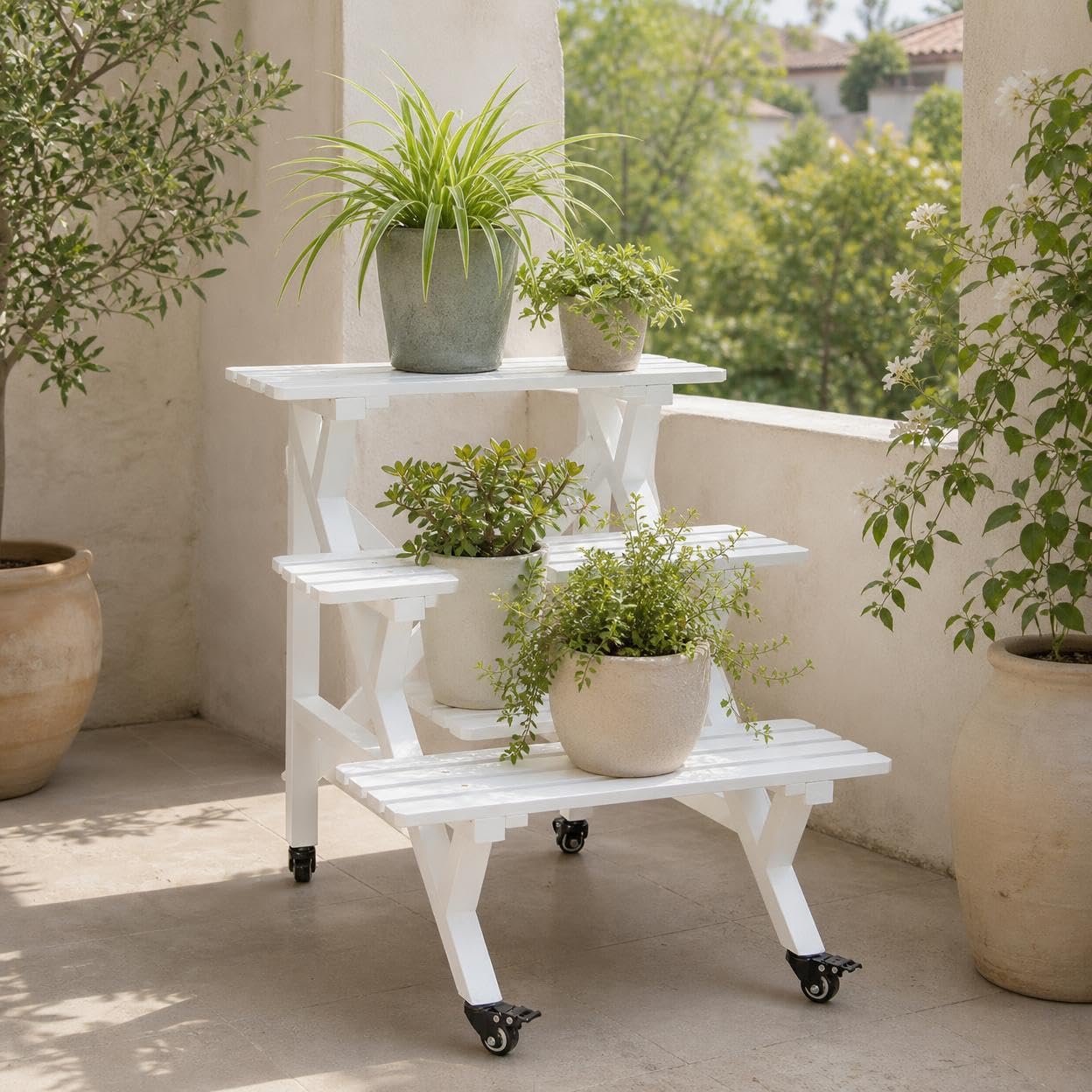 Fioriera Legno 3 Livelli, Stile , Con ruote/3L60 bianco 60x60x66cm