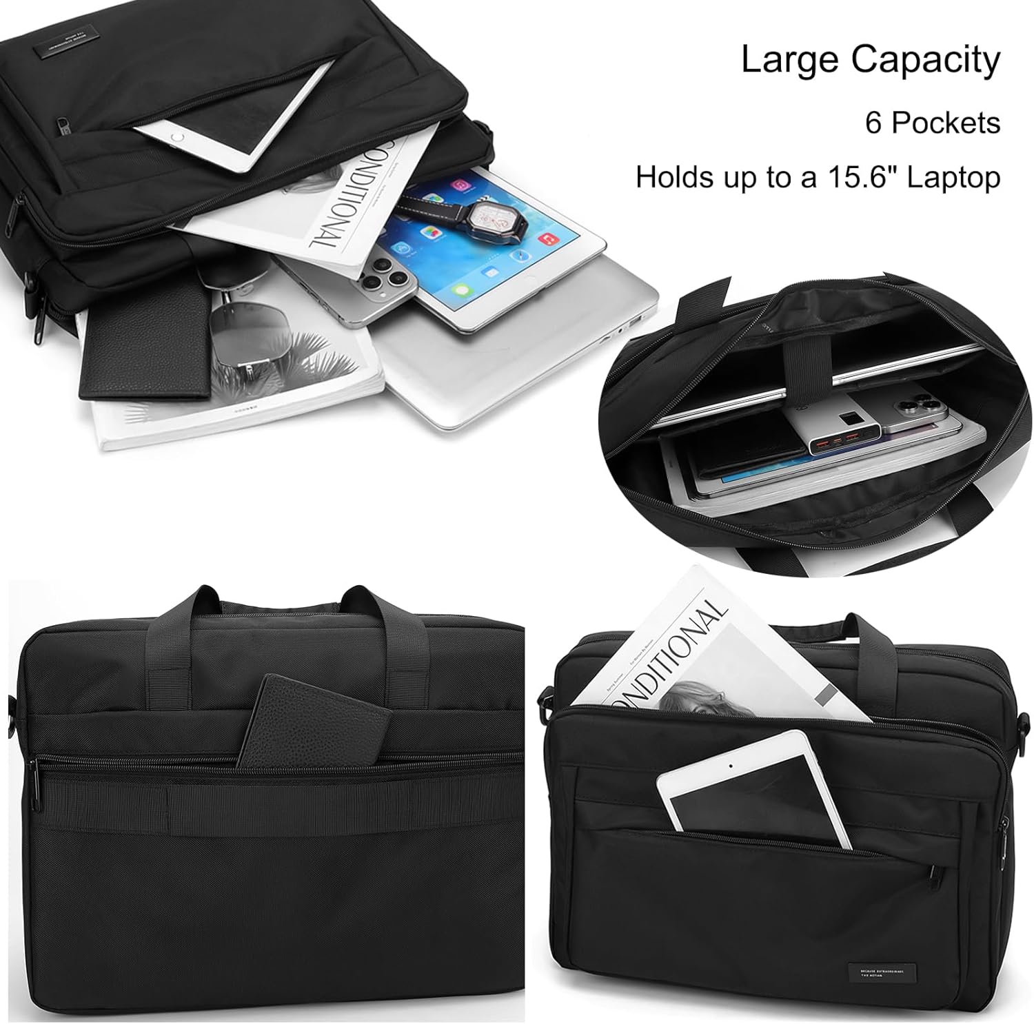 natyrlpog Laptop Bag 15.6 Inch Briefcase for Men Women Waterproof Nylon Lightweight, Shoulder Computer Messenger Handbag for Business Office Work Travel College Black - Image 3